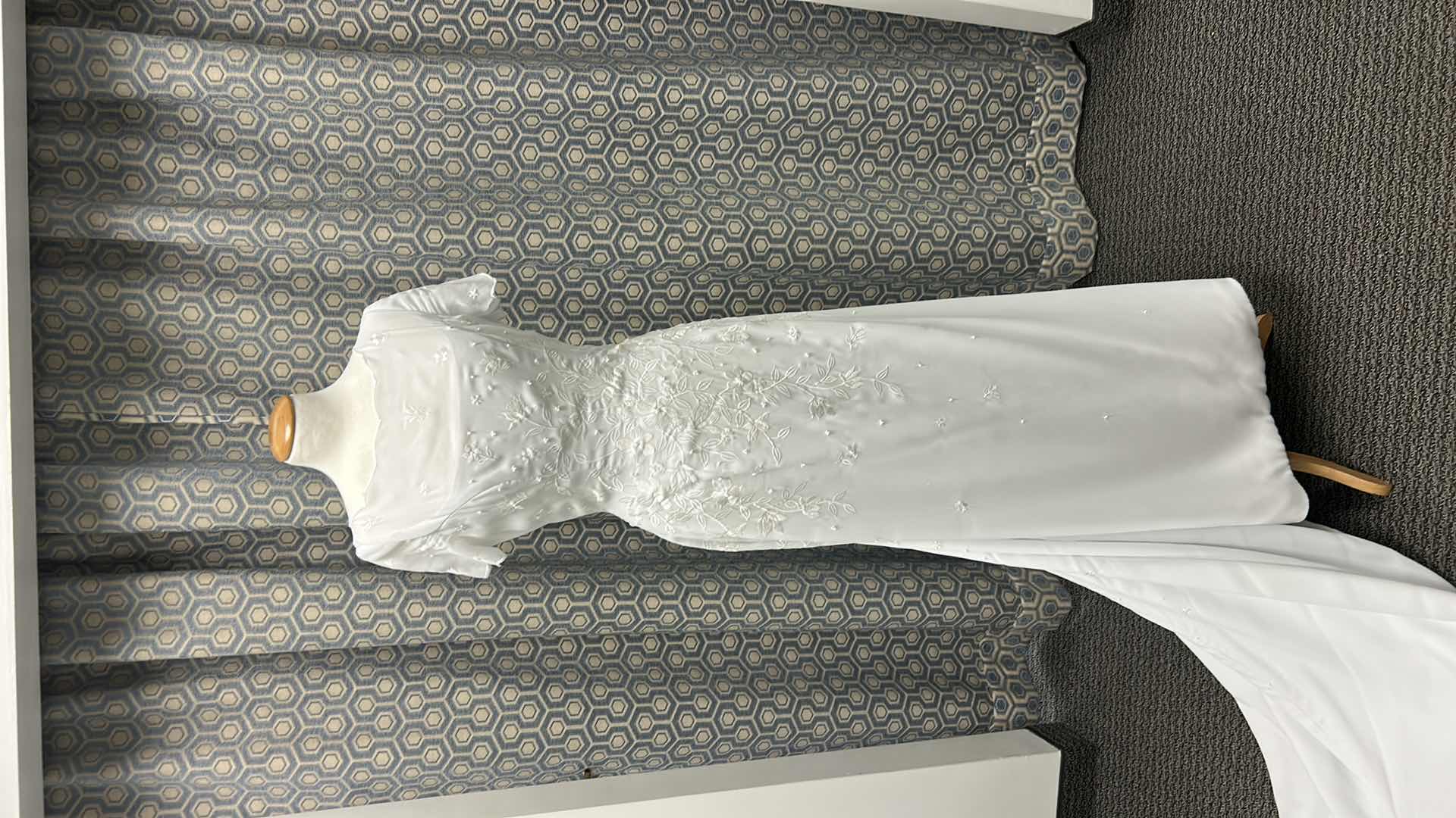 Photo 1 of BRIDAL GOWN,"MONIQUE BRIDAL", WHITE WEDDING DRESS, HIGH NECKLINE, FITTED BODICE, CHAPEL LENGTH TRAIN  SIZE 5/6