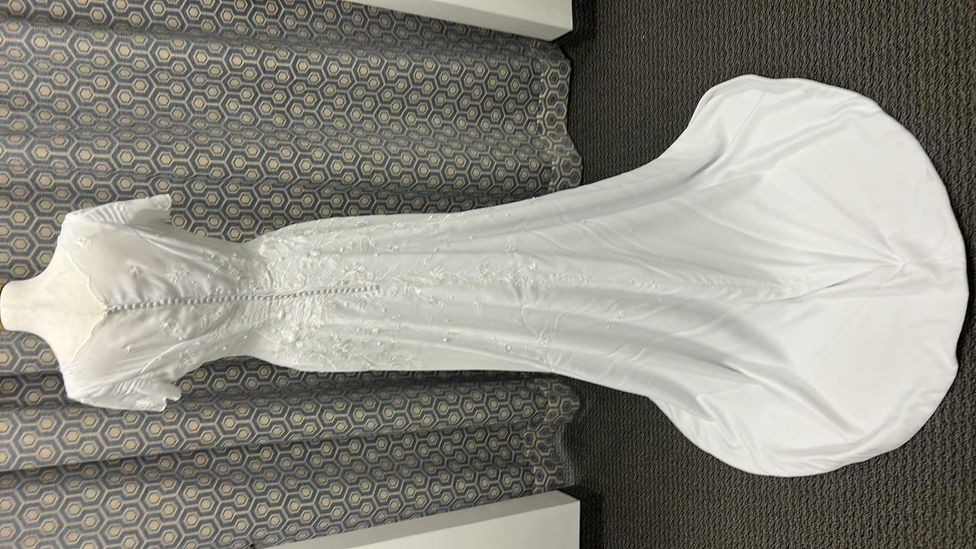 Photo 1 of BRIDAL GOWN,"MONIQUE BRIDAL", WHITE WEDDING DRESS, HIGH NECKLINE, FITTED BODICE, CHAPEL LENGTH TRAIN  SIZE 5/6