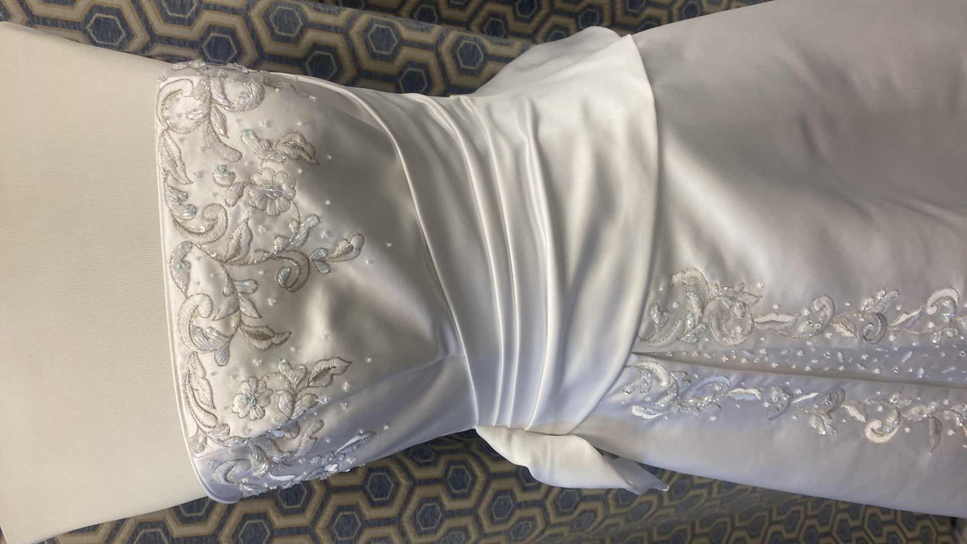 Photo 1 of BRIDAL GOWN  “MAGGIE SOTTERO COUTURE” DIAMOND WHITE SATIN STRAPLESS CORSET BACK w RHINESTONE  SIZE 6