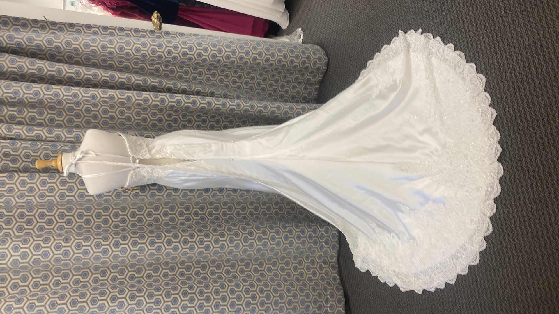 Photo 1 of   BRIDAL GOWN  “MAGGIE SOTTERO COUTURE” WHITE SATIN STRAPLESS CORSET BACK w RHINESTONE  SIZE 8