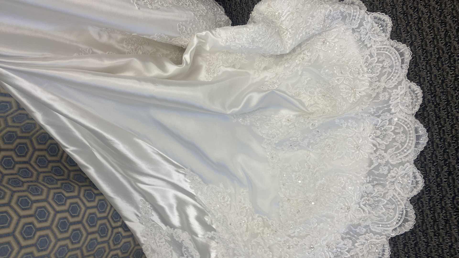 Photo 1 of   BRIDAL GOWN  “MAGGIE SOTTERO COUTURE” WHITE SATIN STRAPLESS CORSET BACK w RHINESTONE  SIZE 8