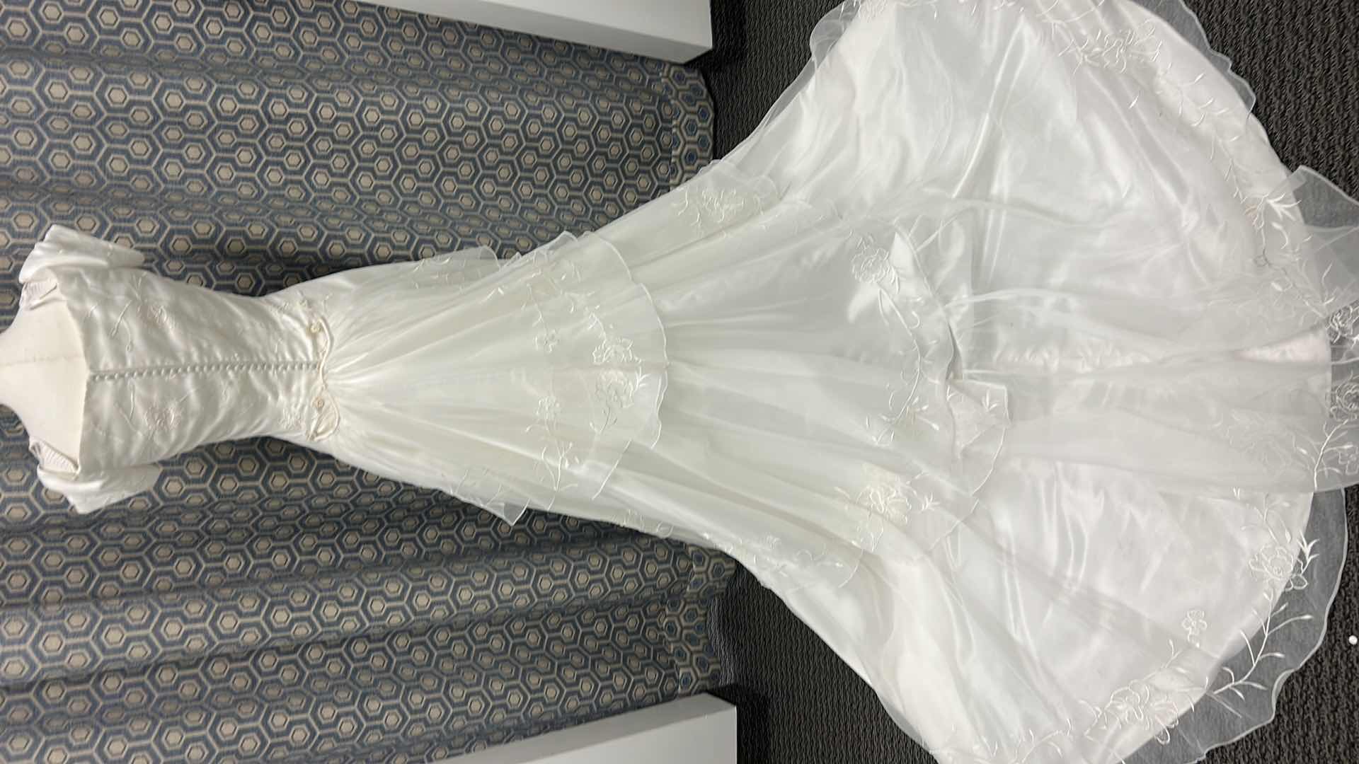 Photo 1 of BRIDAL GOWN, “MONIQUE” , IVORY, SATIN, A-LINE, BEADED, SWEETHEART NECKLINE, SHORT-SLEEVED, MEDIUM TRAIN, SIZE 6 