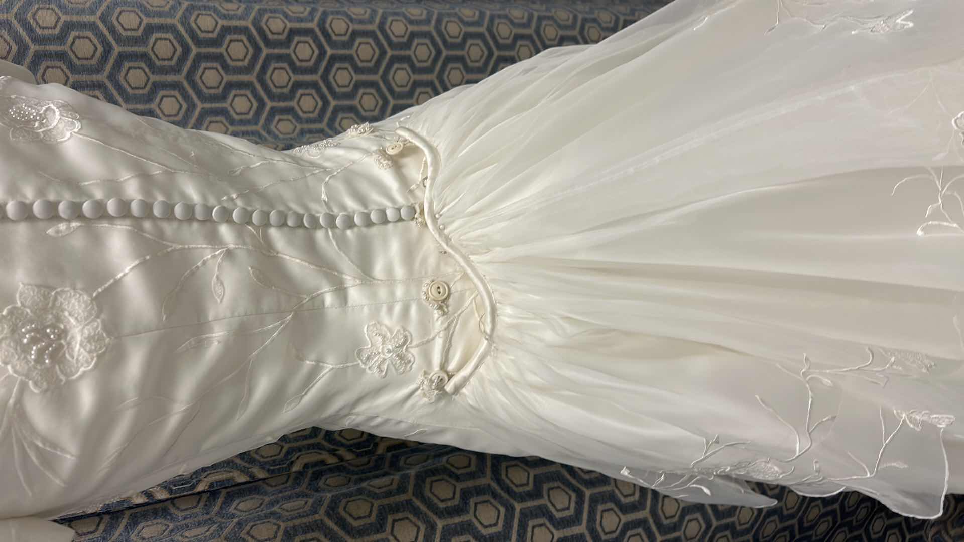 Photo 1 of BRIDAL GOWN, “MONIQUE” , IVORY, SATIN, A-LINE, BEADED, SWEETHEART NECKLINE, SHORT-SLEEVED, MEDIUM TRAIN, SIZE 6 