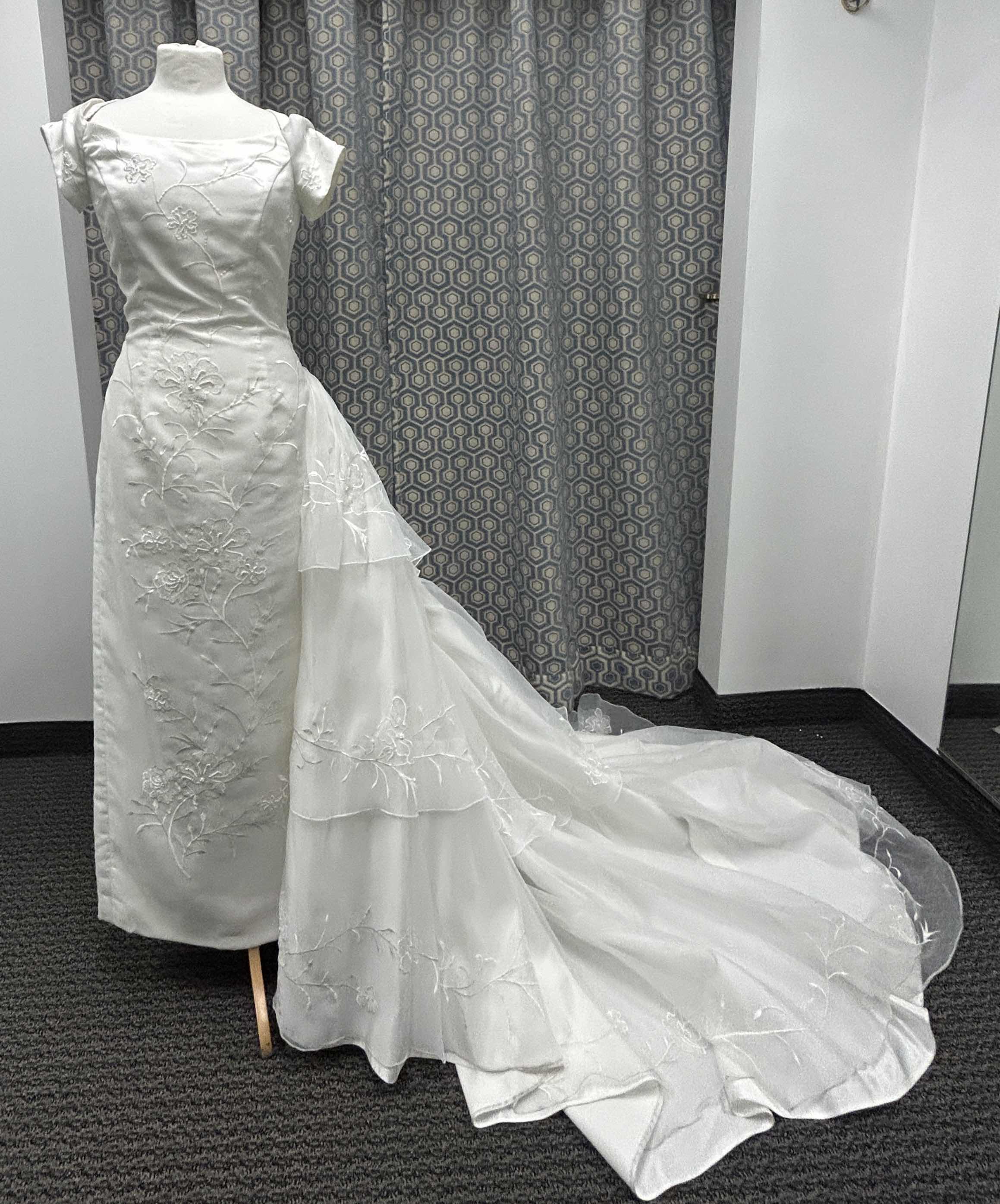 Photo 1 of BRIDAL GOWN, “MONIQUE” , IVORY, SATIN, A-LINE, BEADED, SWEETHEART NECKLINE, SHORT-SLEEVED, MEDIUM TRAIN, SIZE 6 