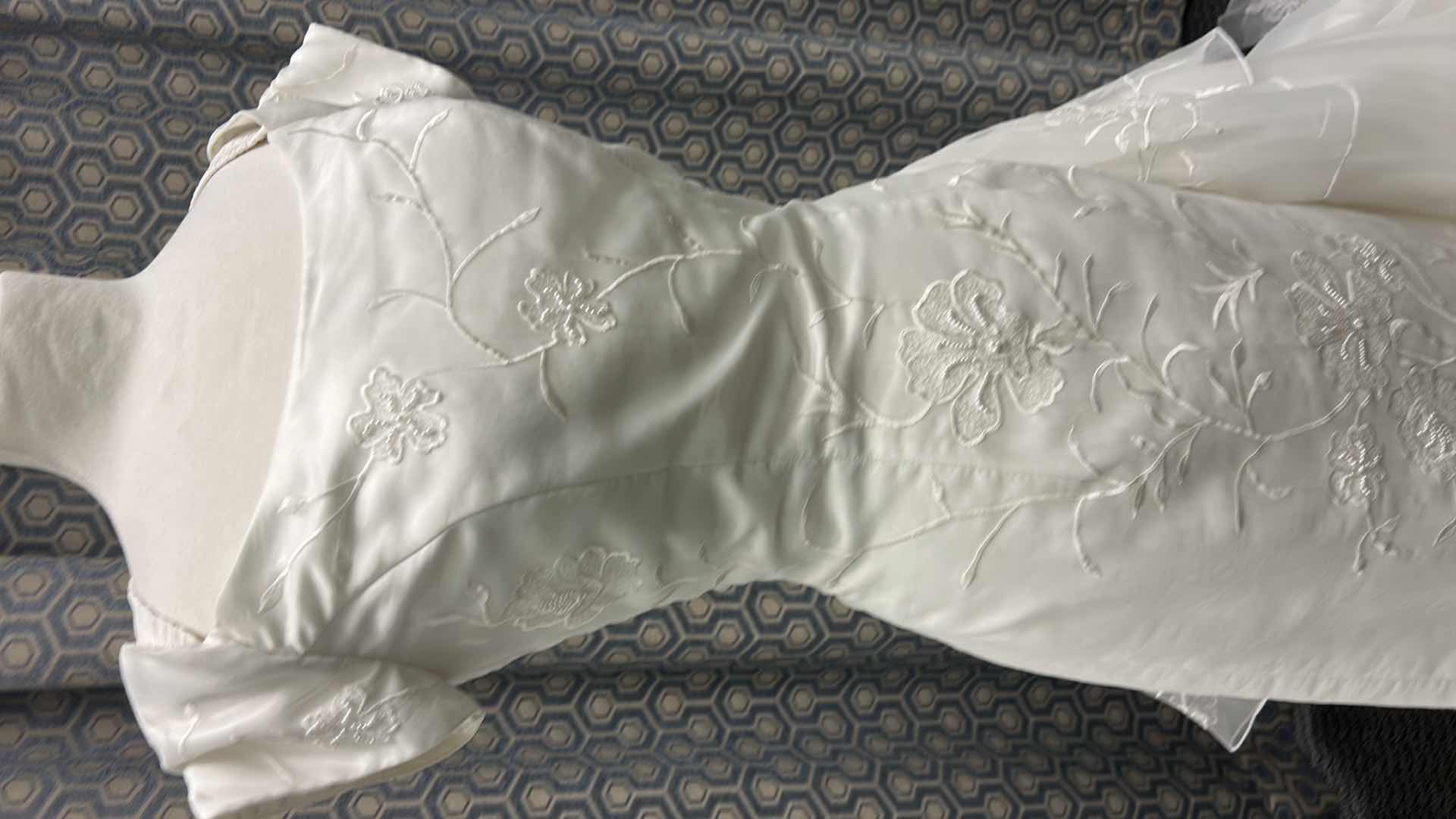 Photo 1 of BRIDAL GOWN, “MONIQUE” , IVORY, SATIN, A-LINE, BEADED, SWEETHEART NECKLINE, SHORT-SLEEVED, MEDIUM TRAIN, SIZE 6 