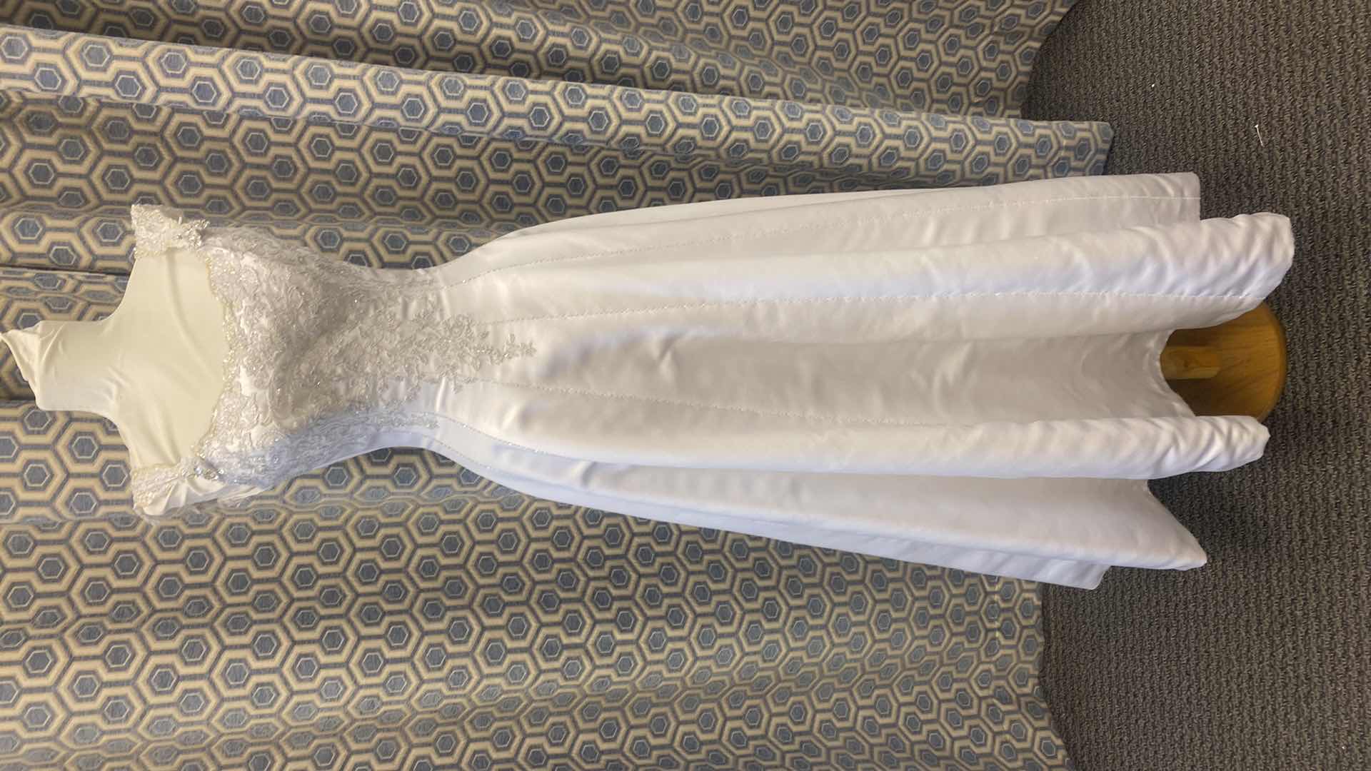 Photo 1 of BRIDAL GOWN  “MAGGIE SOTTERO COUTURE” WHITE SATIN STRAPPED CORSET BACK w RHINESTONES SIZE 8