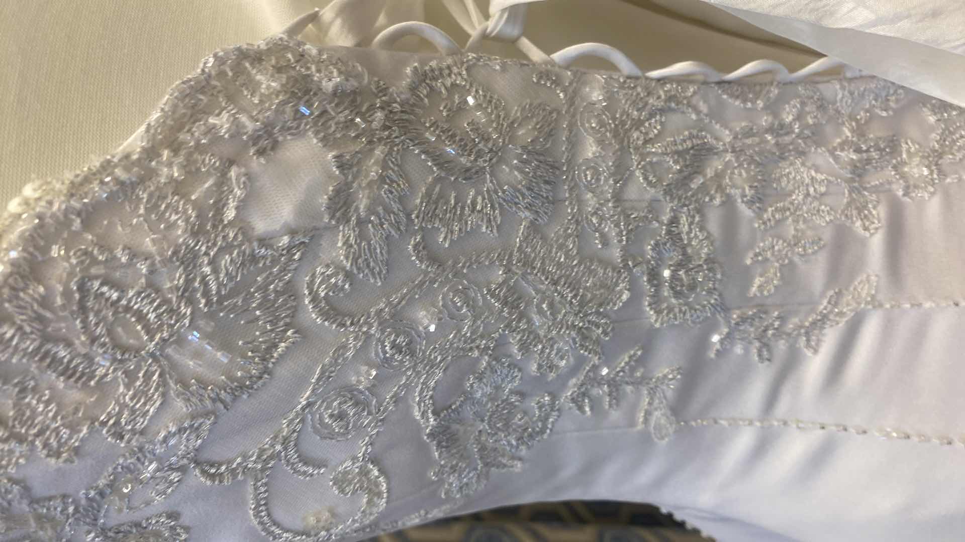 Photo 1 of BRIDAL GOWN  “MAGGIE SOTTERO COUTURE” WHITE SATIN STRAPPED CORSET BACK w RHINESTONES SIZE 8