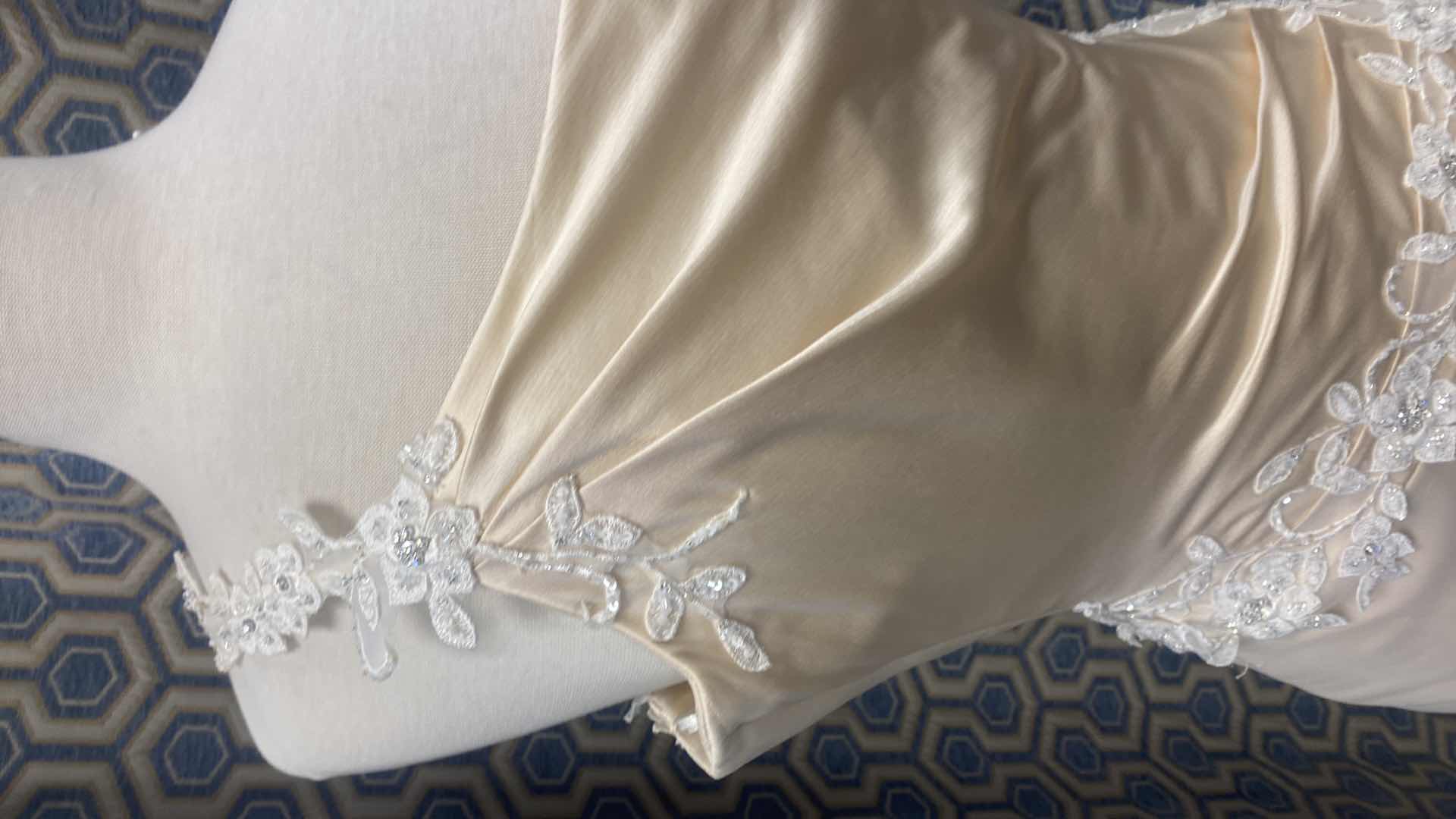 Photo 1 of BRIDAL GOWN GOLD SATIN  w ONE SHOULDER ORGANZA & APPLIQUÉ DETAIL SIZE 6