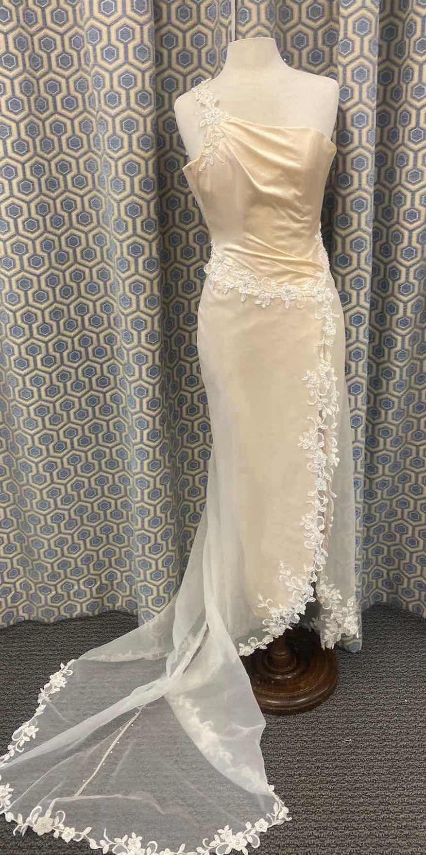 Photo 1 of BRIDAL GOWN GOLD SATIN  w ONE SHOULDER ORGANZA & APPLIQUÉ DETAIL SIZE 6