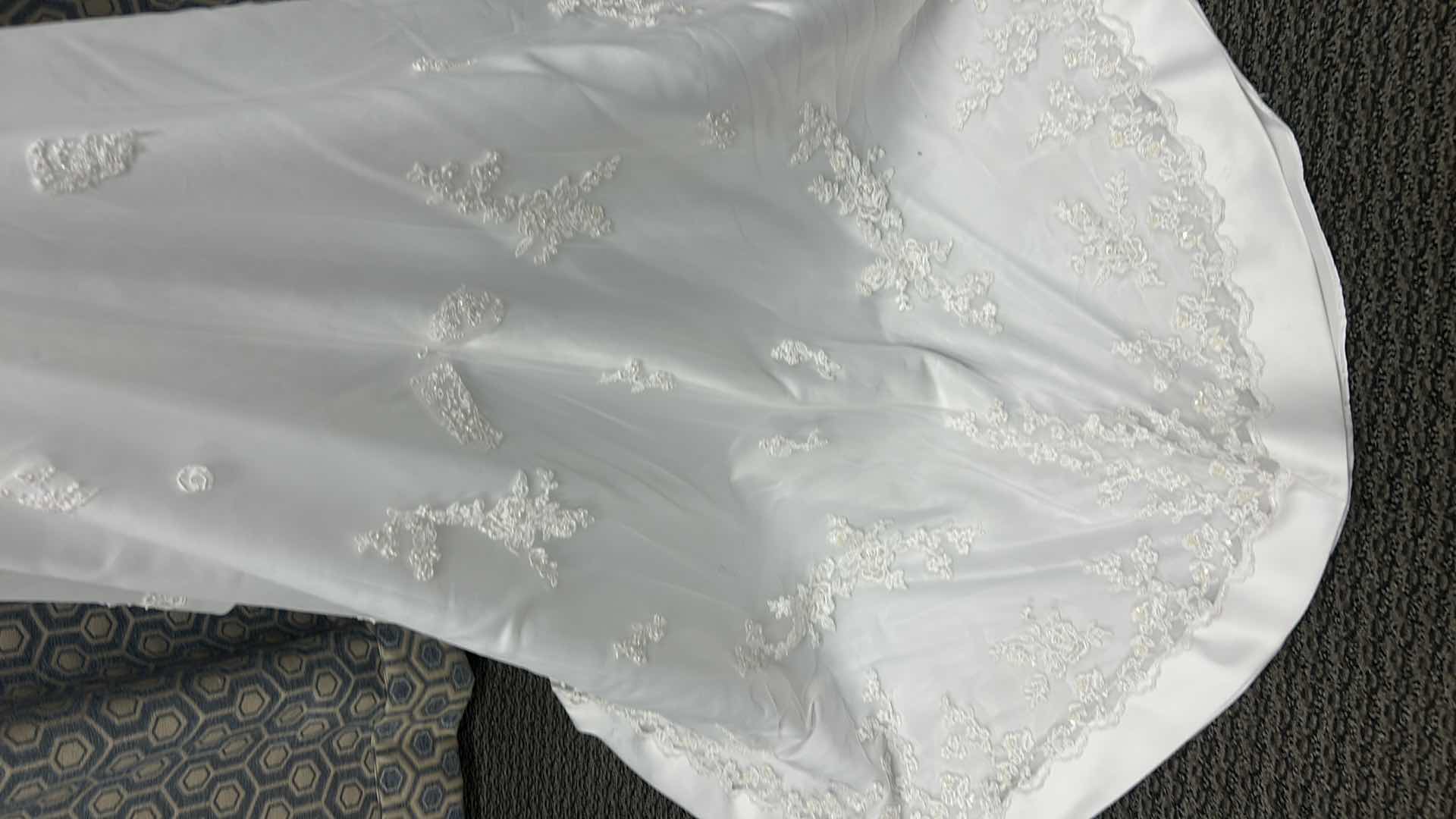 Photo 1 of BRIDAL GOWN, ONE-PIECE, SOFT ORGANZA OVER SATIN GOWN WITH FLOWER EMBELLISHMENTS AND A MEDIUM TRAIN SIZE 8,