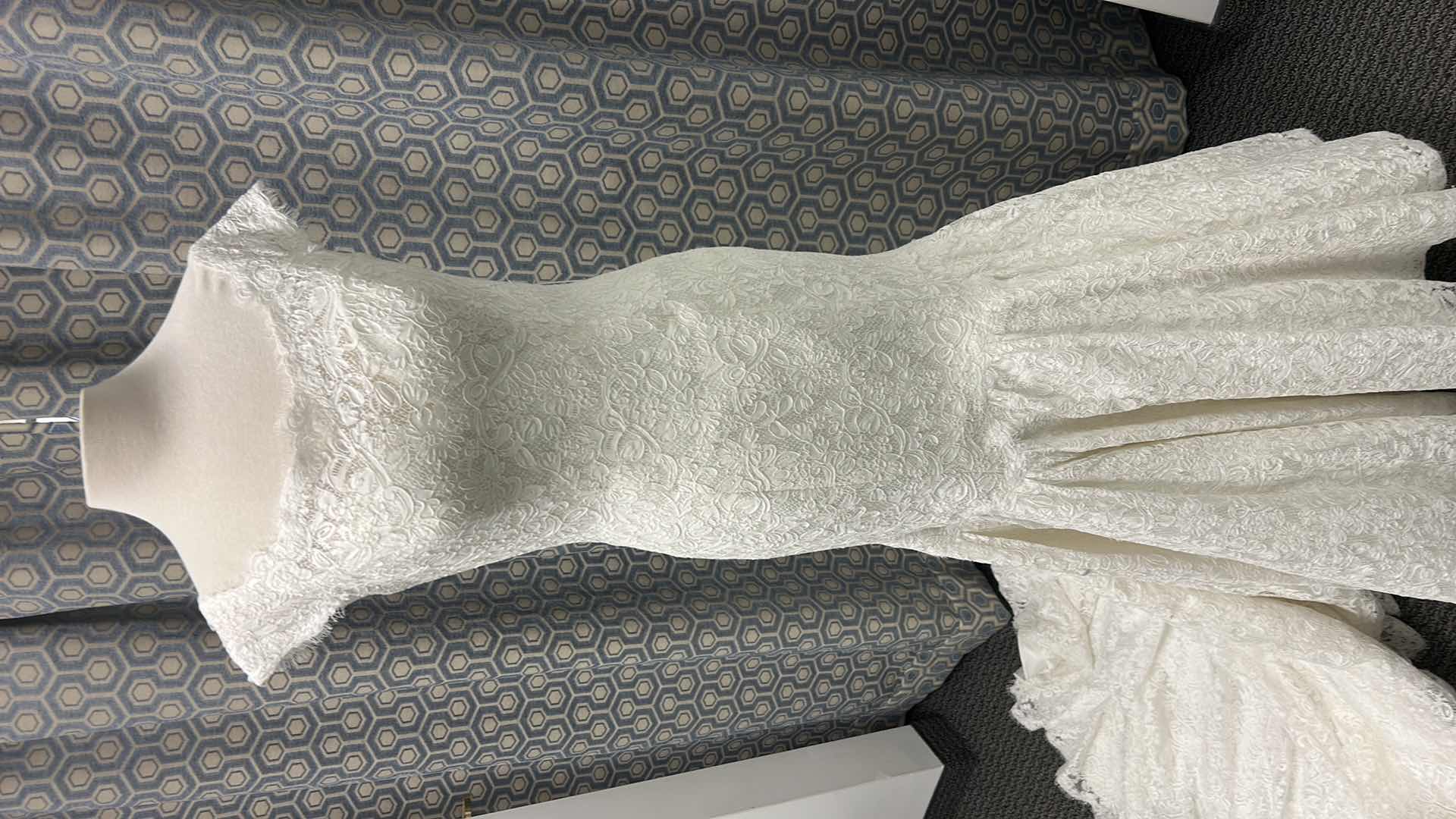 Photo 1 of BRIDAL GOWN, SOTTERO  MID KNEE ONE PIECE, SLIM AND FLARE OFF SHOULDER, NECLINE BUTTON, NO ZIPPER IVORY, ELEGANT LACE SIZE 10