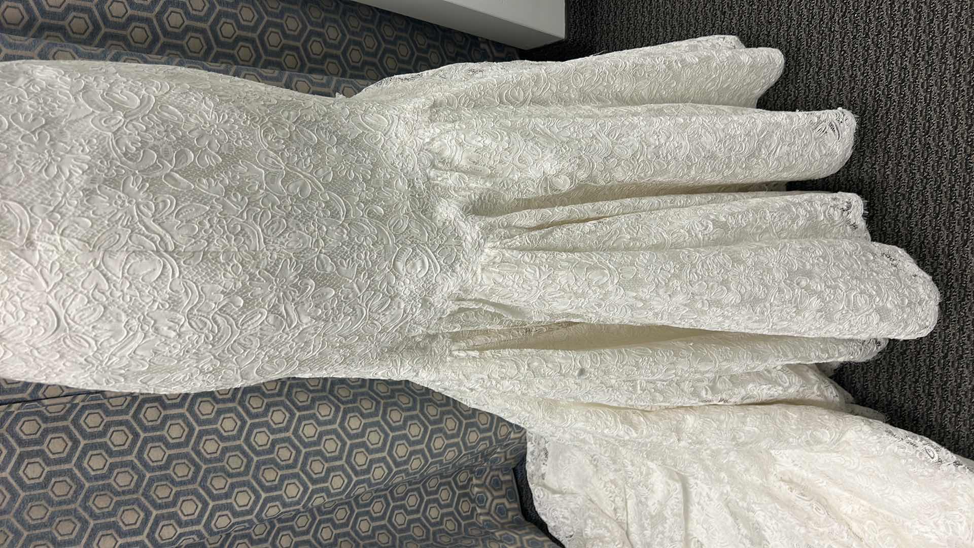 Photo 1 of BRIDAL GOWN, SOTTERO  MID KNEE ONE PIECE, SLIM AND FLARE OFF SHOULDER, NECLINE BUTTON, NO ZIPPER IVORY, ELEGANT LACE SIZE 10