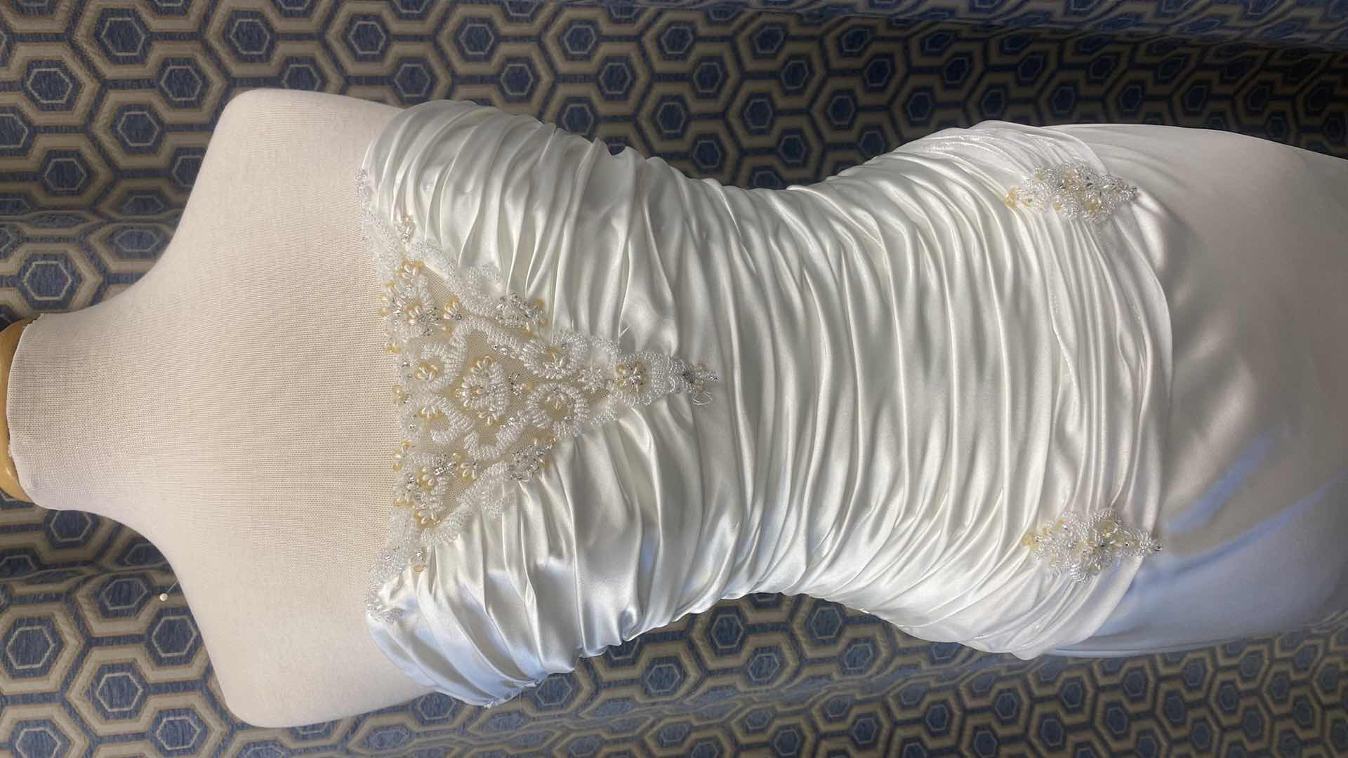 Photo 1 of BRIDAL GOWN “MAGGIE SOTTERO” IVORY SATIN STRAPLESS CORSET BACK w SILVER & GOLD BEADING SIZE 10