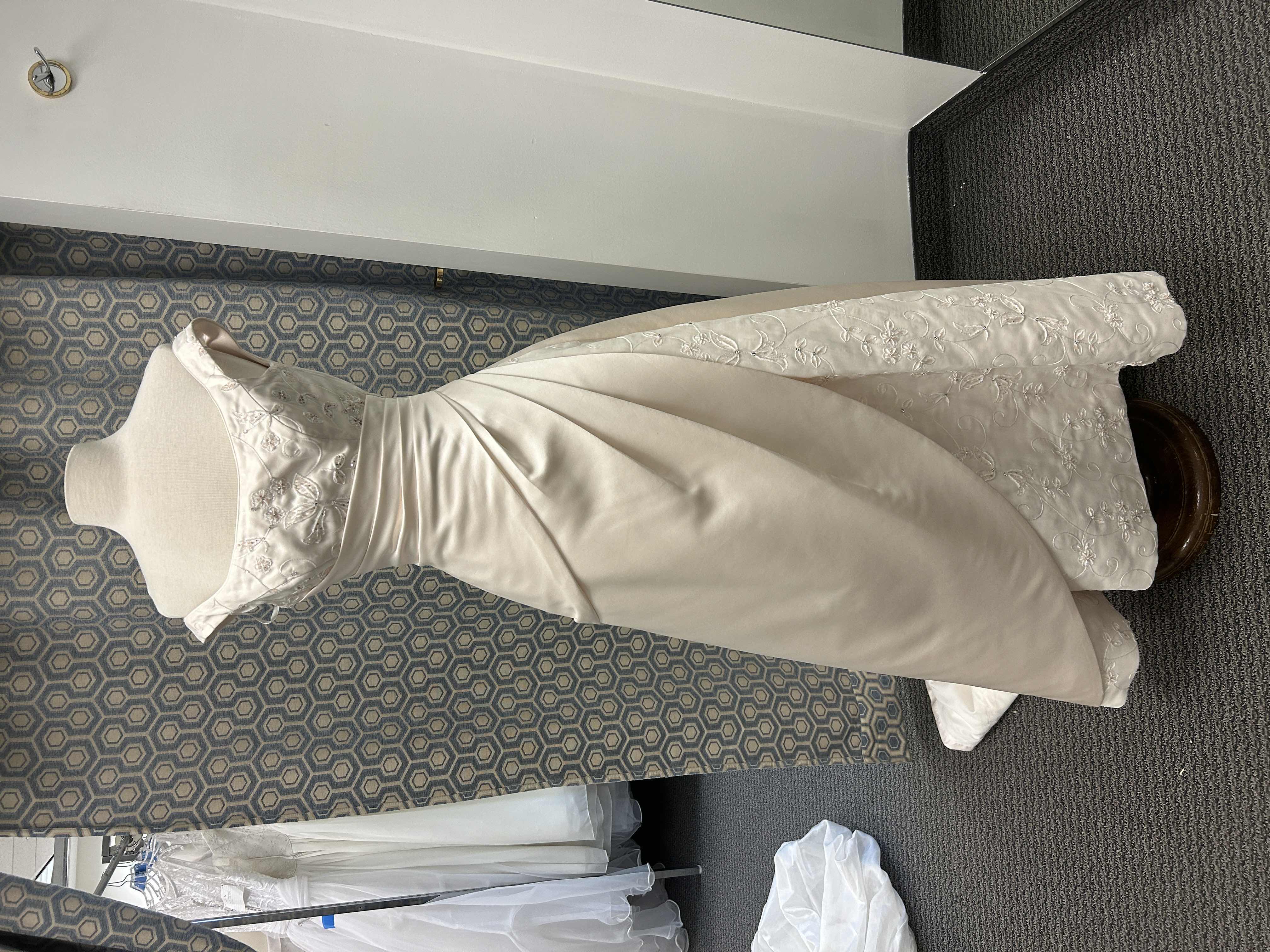 Photo 1 of BRIDAL GOWN, IVORY SATIN, OFF THE SHOULDER, RUCHED BODICE EMBROIDRED LACE DETAILING, A-LINE, CORSET BACK, SIZE 6 