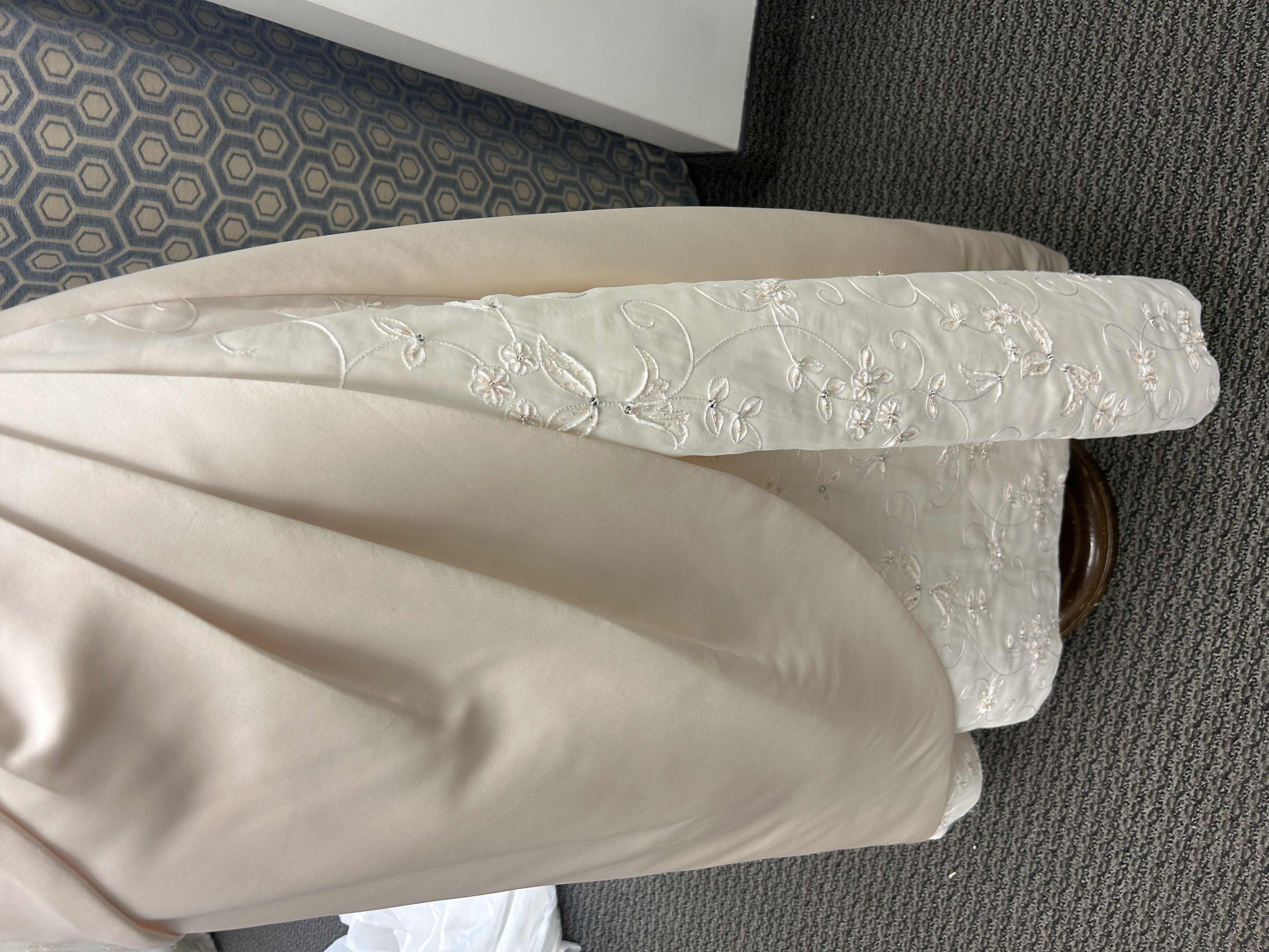 Photo 1 of BRIDAL GOWN, IVORY SATIN, OFF THE SHOULDER, RUCHED BODICE EMBROIDRED LACE DETAILING, A-LINE, CORSET BACK, SIZE 6 