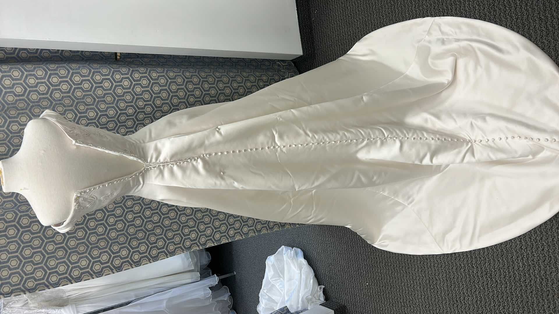 Photo 1 of BRIDAL GOWN, IVORY SATIN, OFF THE SHOULDER, RUCHED BODICE EMBROIDRED LACE DETAILING, A-LINE, CORSET BACK, SIZE 6 