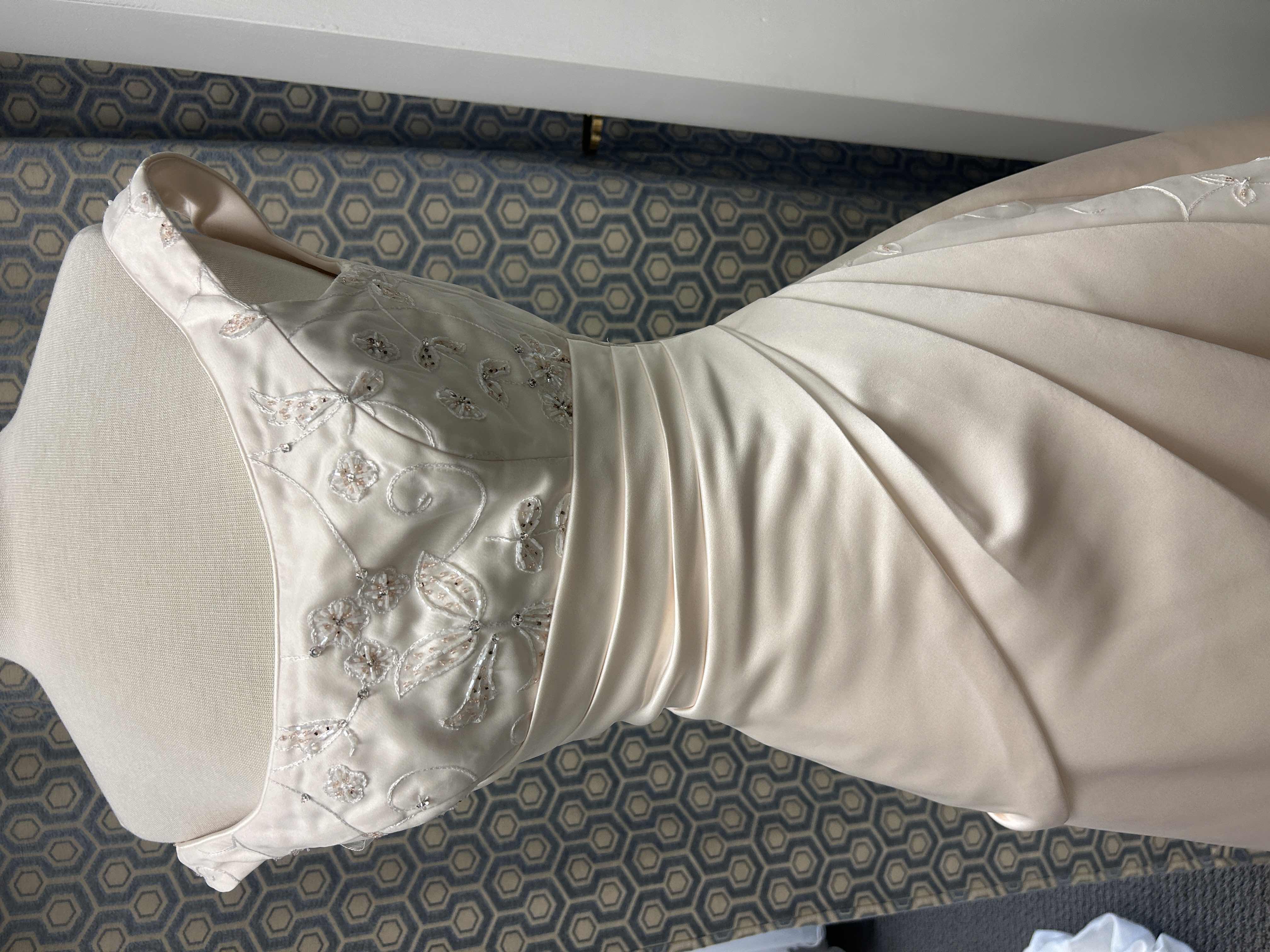 Photo 1 of BRIDAL GOWN, IVORY SATIN, OFF THE SHOULDER, RUCHED BODICE EMBROIDRED LACE DETAILING, A-LINE, CORSET BACK, SIZE 6 