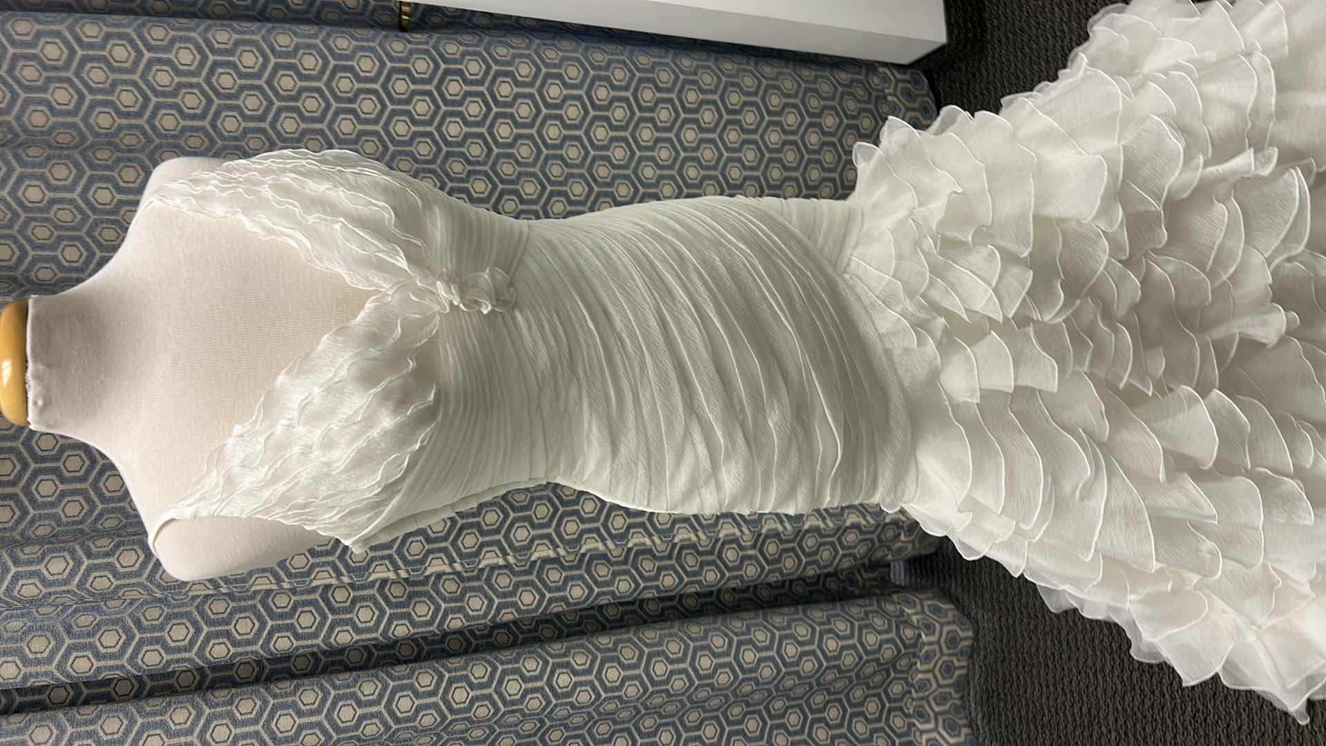Photo 1 of BRIDAL GOWN, SLEEVELESS WHITE MERMAID, DEEP V NECKLINE, RUCHED BODICE, CASCADING LAYERED RUFFLES SKIRT, SIZE 12 