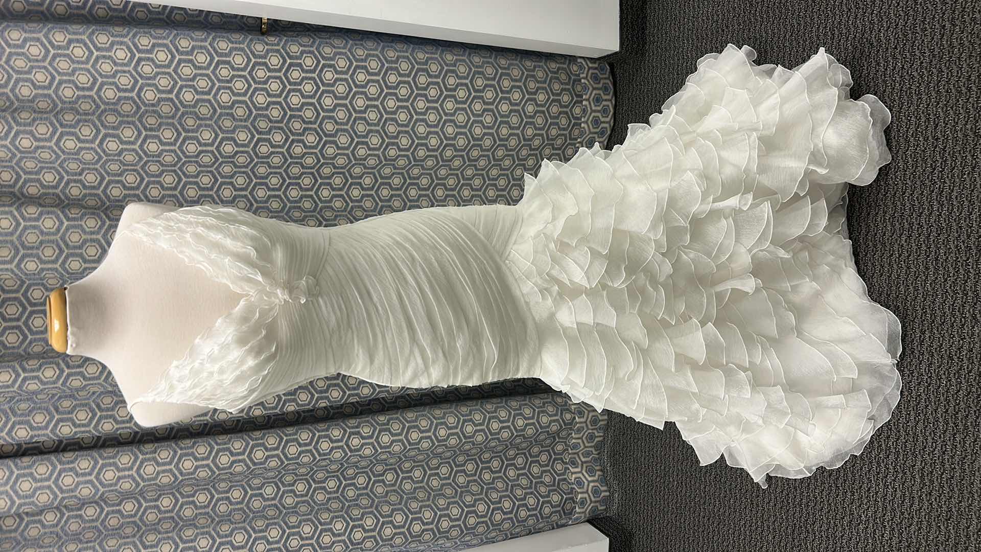 Photo 1 of BRIDAL GOWN, SLEEVELESS WHITE MERMAID, DEEP V NECKLINE, RUCHED BODICE, CASCADING LAYERED RUFFLES SKIRT, SIZE 12 