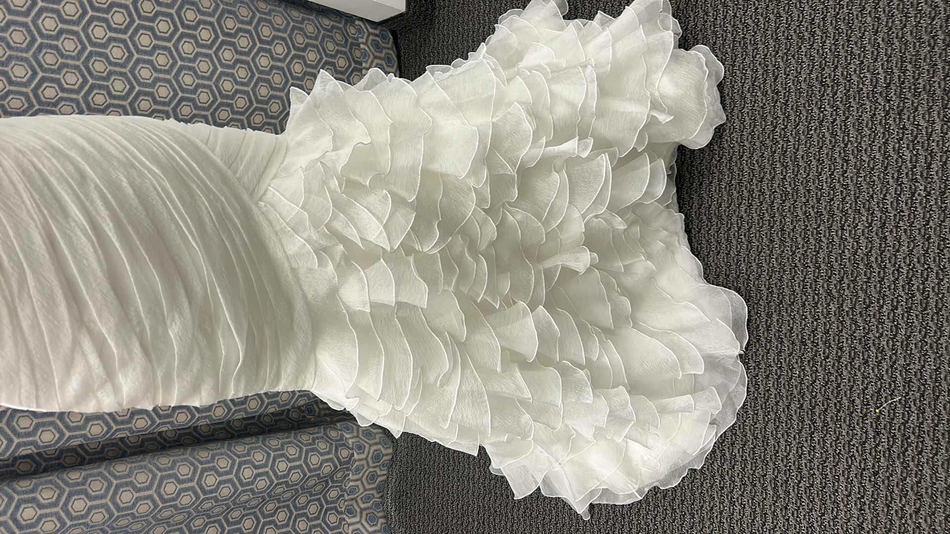 Photo 1 of BRIDAL GOWN, SLEEVELESS WHITE MERMAID, DEEP V NECKLINE, RUCHED BODICE, CASCADING LAYERED RUFFLES SKIRT, SIZE 12 