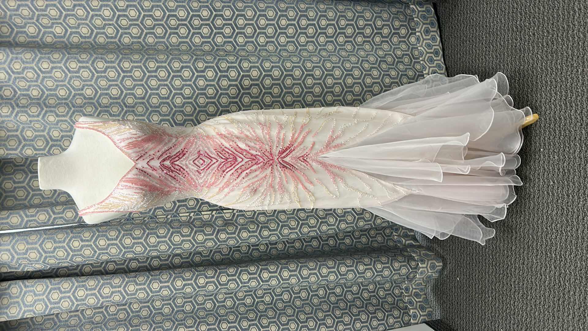 Photo 1 of FORMAL GOWN, "LANDA" FLOOR LENGTH FITTED GOWN, SPAGHETTI STRAPS, PINK GRADIENT SEQUIN EMBELLISHENTS, FLARED LAYERED CHIFFON HEM SIZE 8