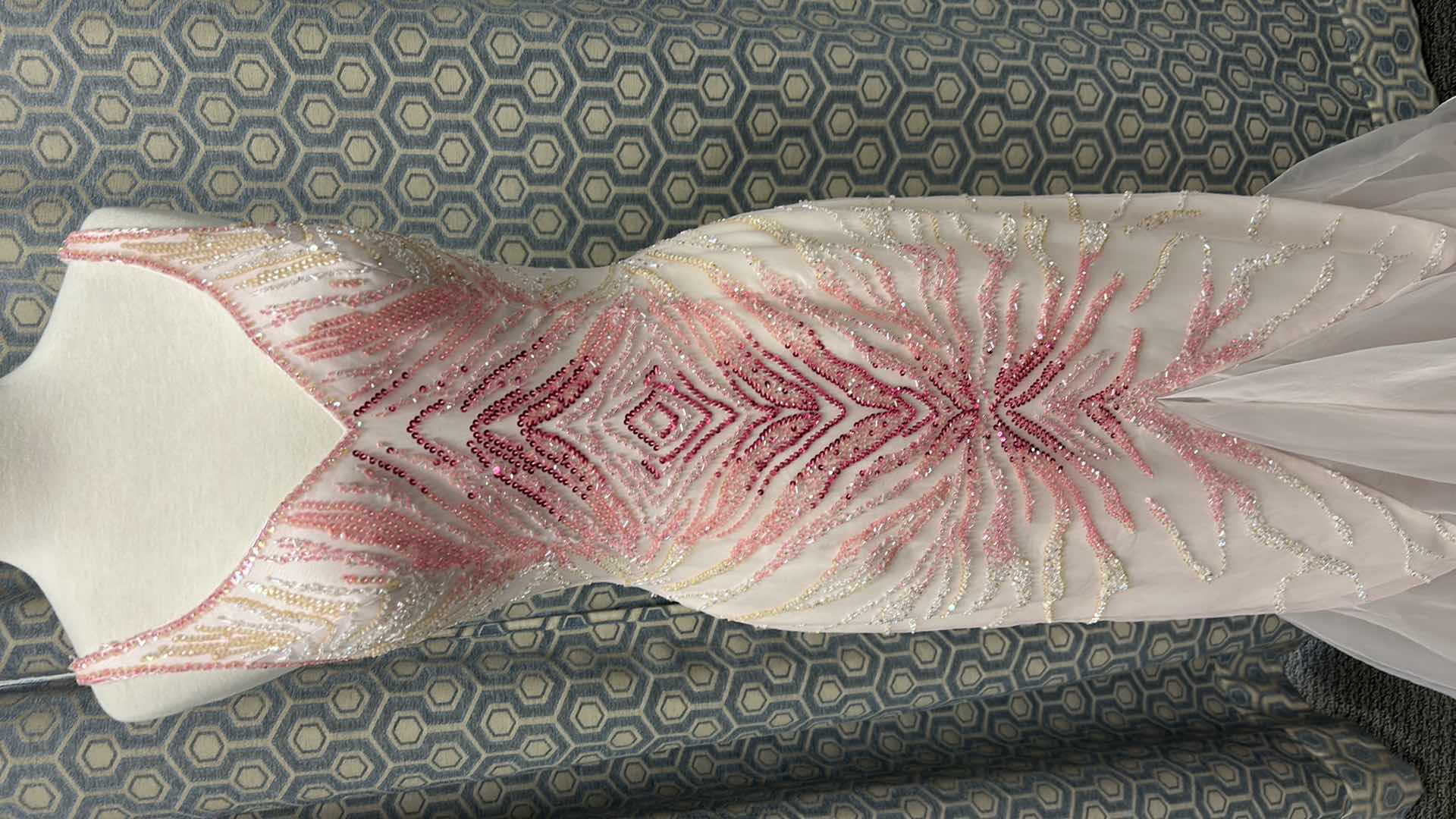 Photo 1 of FORMAL GOWN, "LANDA" FLOOR LENGTH FITTED GOWN, SPAGHETTI STRAPS, PINK GRADIENT SEQUIN EMBELLISHENTS, FLARED LAYERED CHIFFON HEM SIZE 8