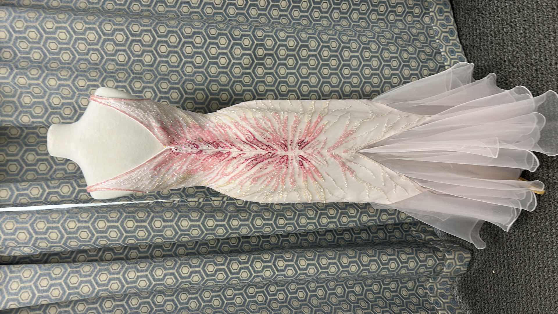 Photo 1 of FORMAL GOWN, "LANDA" FLOOR LENGTH FITTED GOWN, SPAGHETTI STRAPS, PINK GRADIENT SEQUIN EMBELLISHENTS, FLARED LAYERED CHIFFON HEM SIZE 8