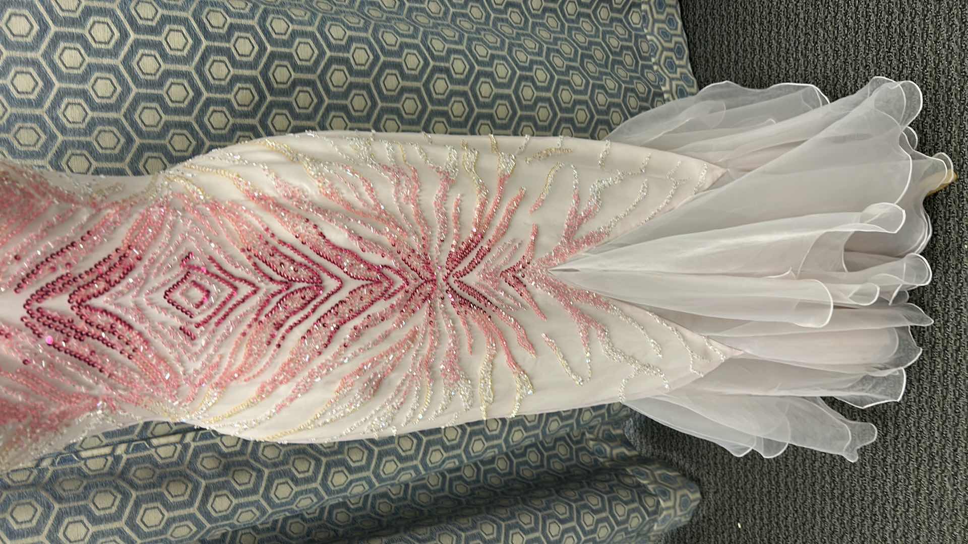 Photo 1 of FORMAL GOWN, "LANDA" FLOOR LENGTH FITTED GOWN, SPAGHETTI STRAPS, PINK GRADIENT SEQUIN EMBELLISHENTS, FLARED LAYERED CHIFFON HEM SIZE 8