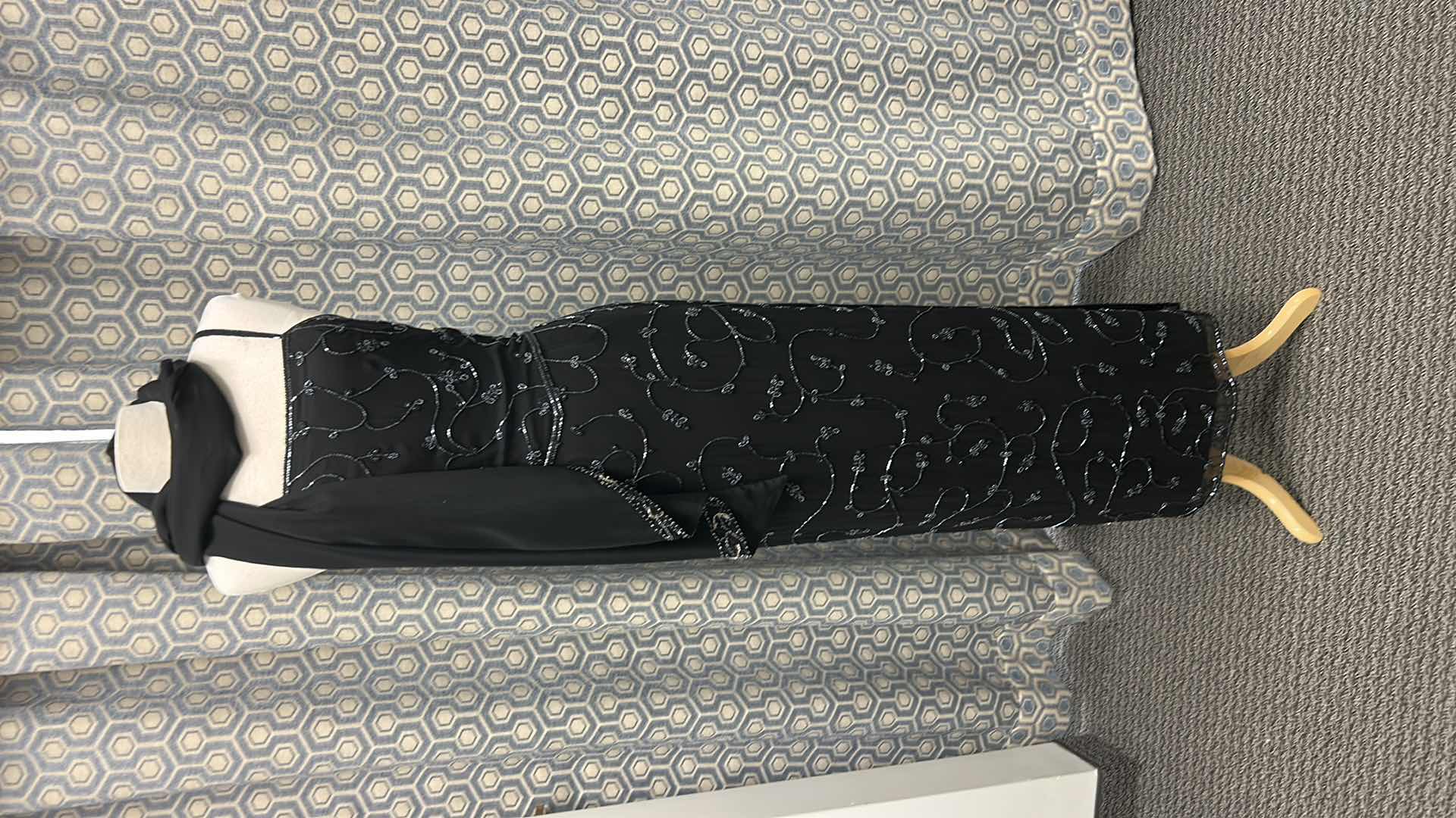 Photo 1 of EVENING GOWN "SCALA" BLACK FLOOR LENGTH GOWN, SPAGHETTI STRAPS, ALL OVER SWIRL PATTERN IN SEQUINS SIZE 10