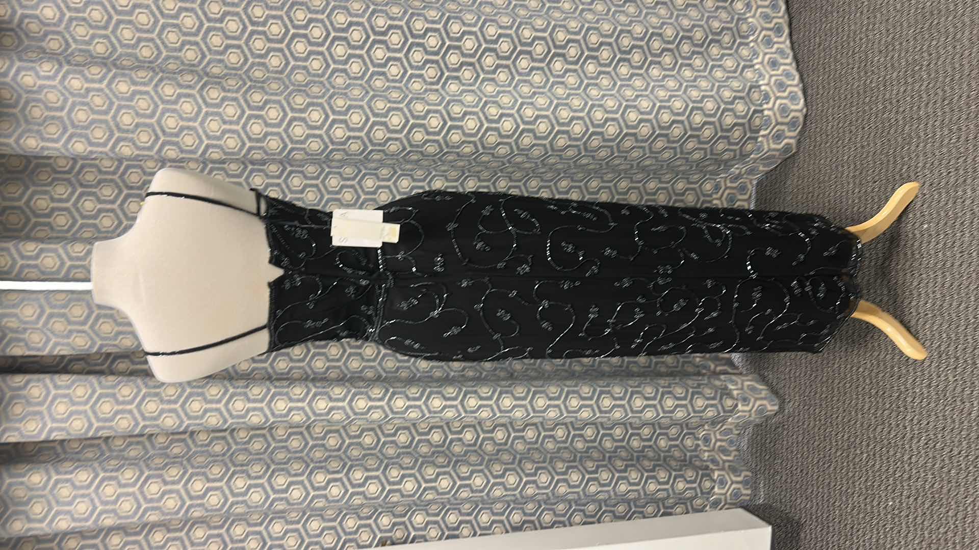 Photo 1 of EVENING GOWN "SCALA" BLACK FLOOR LENGTH GOWN, SPAGHETTI STRAPS, ALL OVER SWIRL PATTERN IN SEQUINS SIZE 10