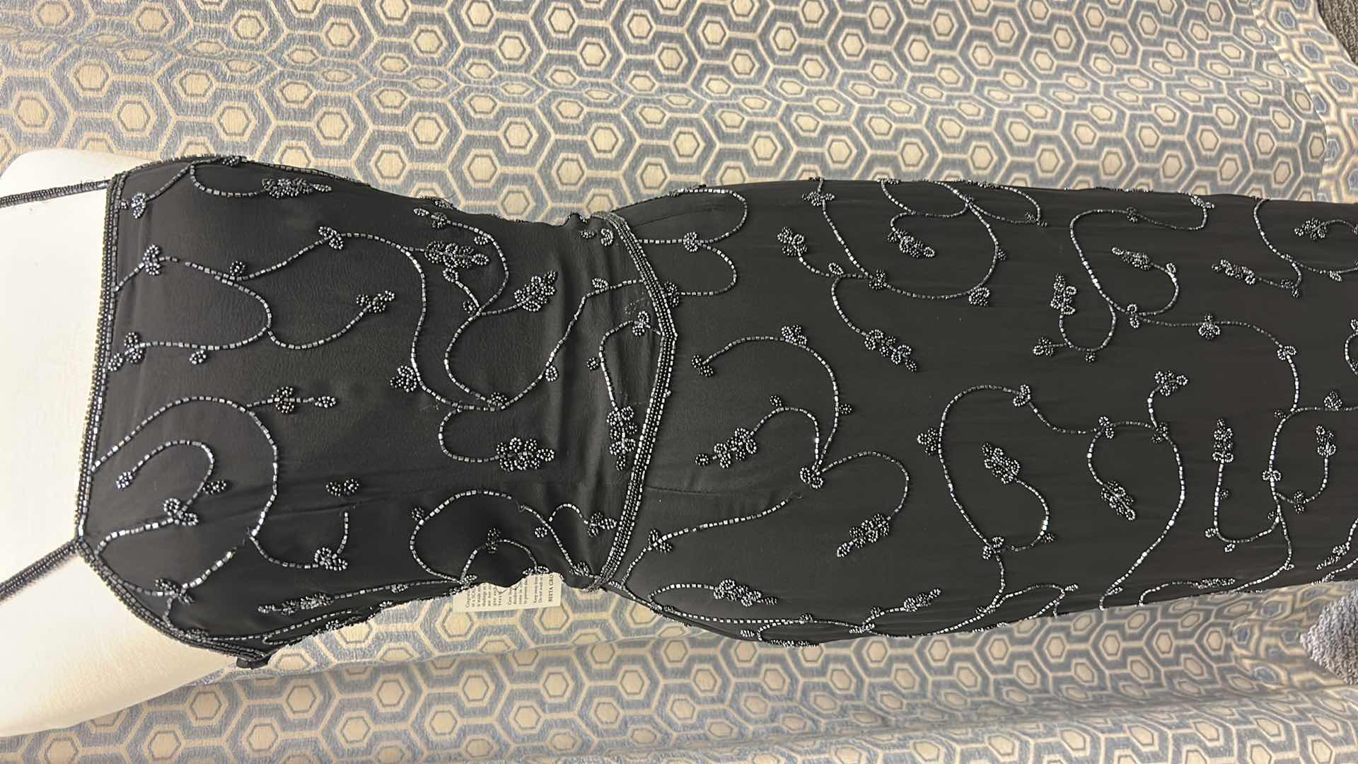 Photo 1 of EVENING GOWN "SCALA" BLACK FLOOR LENGTH GOWN, SPAGHETTI STRAPS, ALL OVER SWIRL PATTERN IN SEQUINS SIZE 10