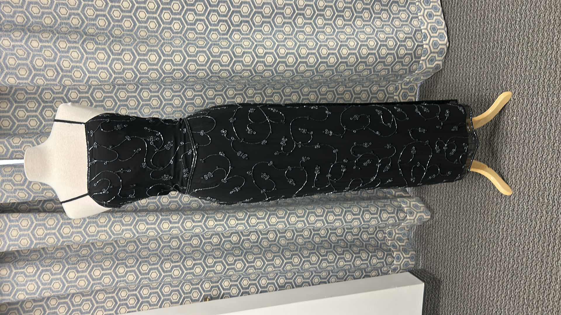 Photo 1 of EVENING GOWN "SCALA" BLACK FLOOR LENGTH GOWN, SPAGHETTI STRAPS, ALL OVER SWIRL PATTERN IN SEQUINS SIZE 10