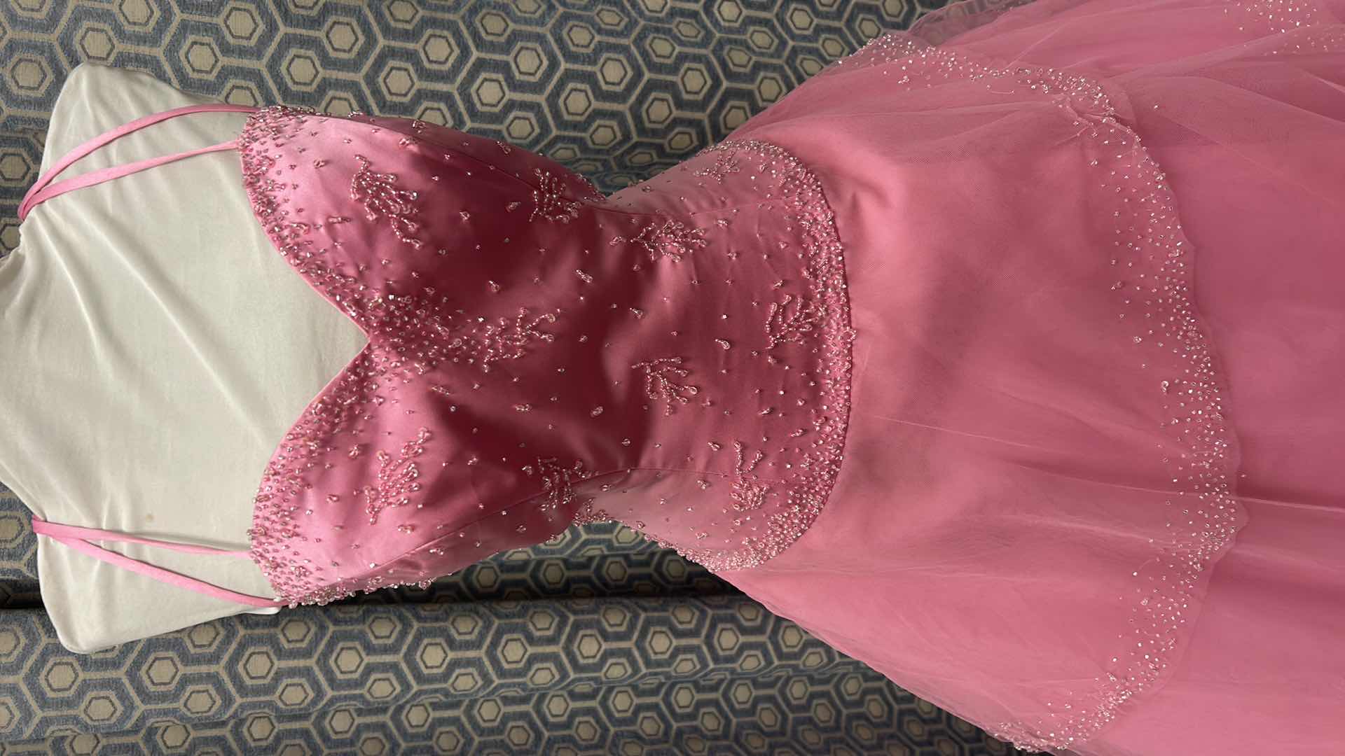 View 2 of EVENING GOWN "LONDA" PEONY PINK, SPAGHETTI STRAPS, FITTED BODICE, BEADED EMBELLISHMENTS, FULL TULLE SKIRT WITH LAYERED TIERS SIZE 12 $380