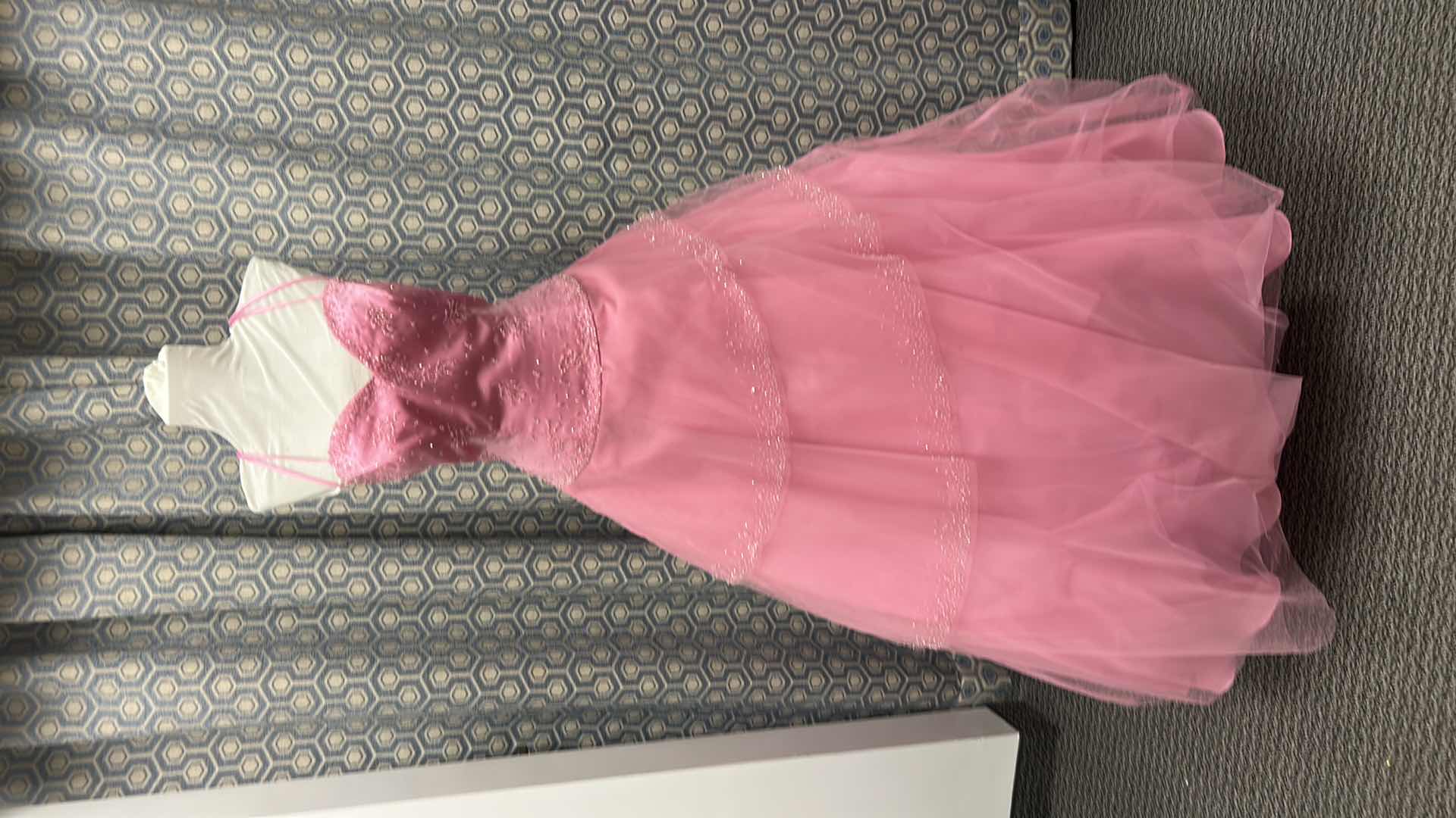 View 1 of EVENING GOWN "LONDA" PEONY PINK, SPAGHETTI STRAPS, FITTED BODICE, BEADED EMBELLISHMENTS, FULL TULLE SKIRT WITH LAYERED TIERS SIZE 12 $380