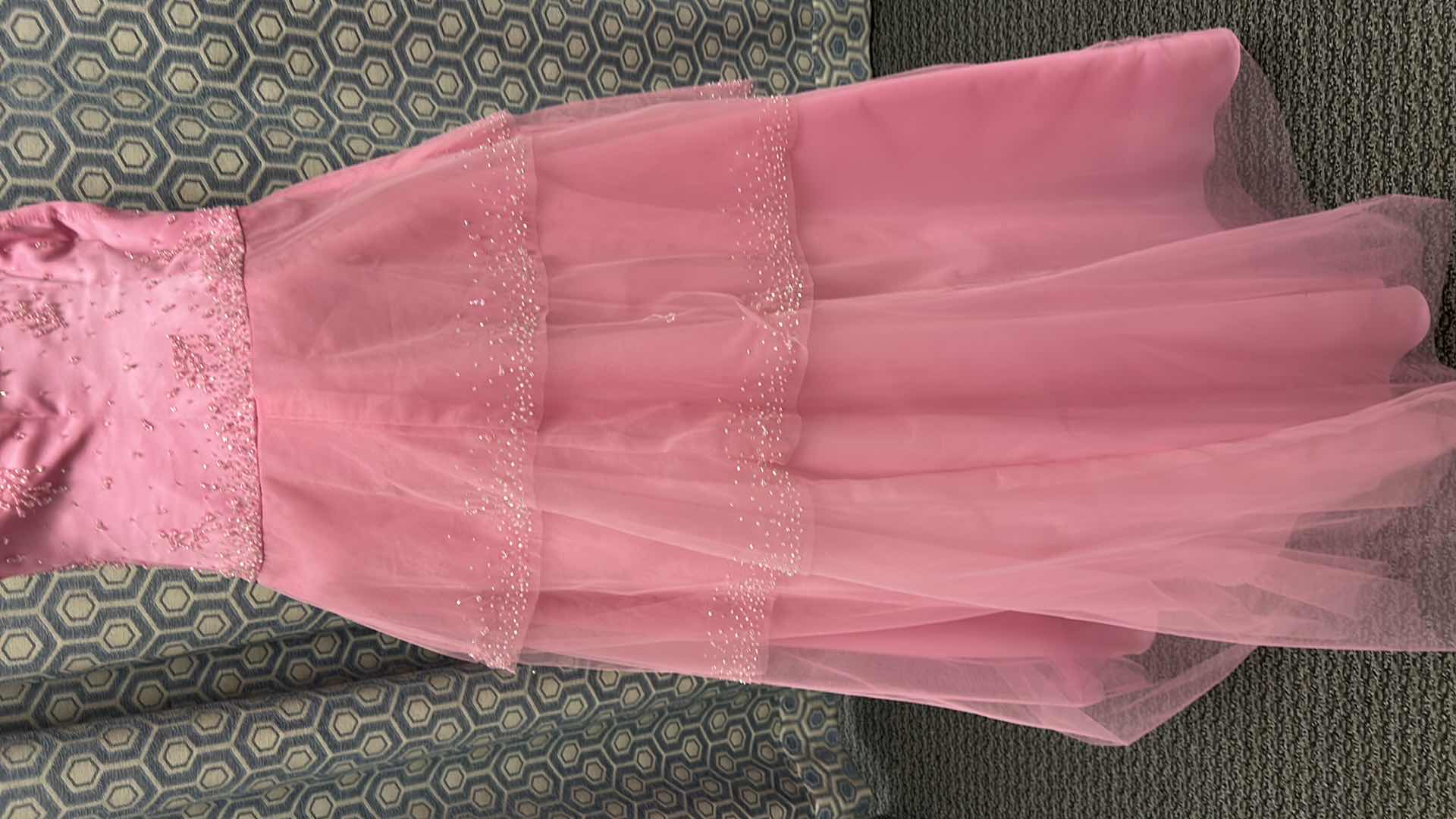 View 4 of EVENING GOWN "LONDA" PEONY PINK, SPAGHETTI STRAPS, FITTED BODICE, BEADED EMBELLISHMENTS, FULL TULLE SKIRT WITH LAYERED TIERS SIZE 12 $380