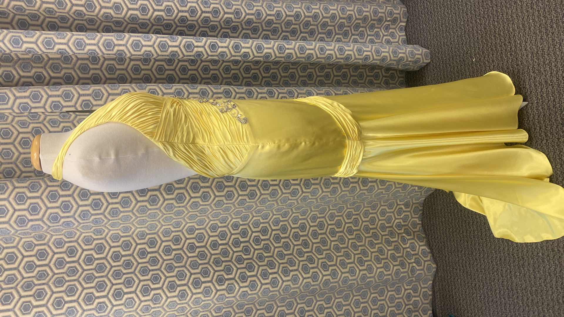 Photo 1 of EVENING GOWN “CZ’RE” YELLOW SATIN w PLUNGE NECKLINE EMBELLISHED BODICE SIZE 8