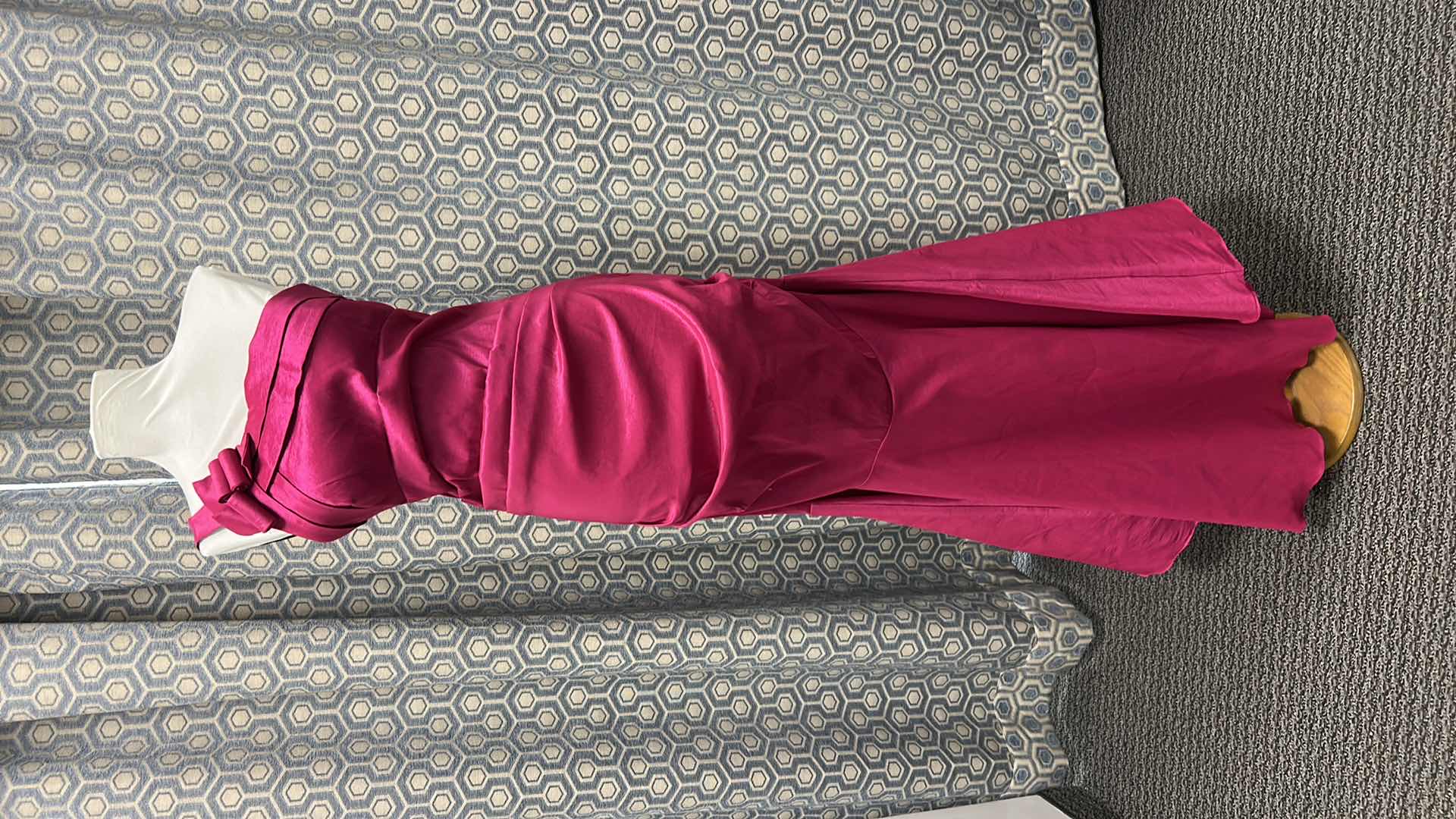 Photo 1 of EVENING GOWN "MAY QUEEN COUTURE" FLOOR LENGTH GOWN IN RICH FUCSHIA SATIN, ONE SHOULDER,  ASYMMETIRCAL RUCHED BODICE,  SIZE 2