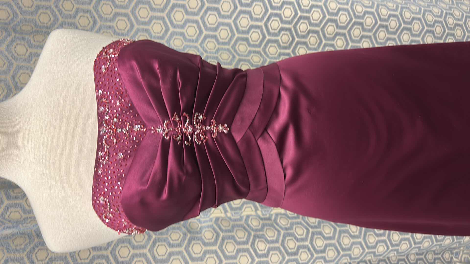 Photo 1 of EVENING GOWN "MODERN MAIDS COLLECTION STRAPLESS FLOOR LENGTH RICH MAGENTA SATIN GOWN, RUCHED BODICE, SWEETHEART NECKLINE, BEADED DETAILING SIZE 10