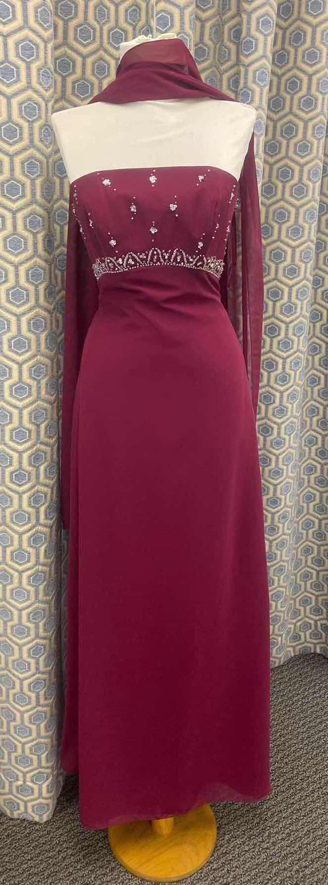 Photo 1 of EVENING GOWN “MARY’s” CABERNET SATIN w CHIFFON OVERLAY & BEADED BODICE SIZE 6