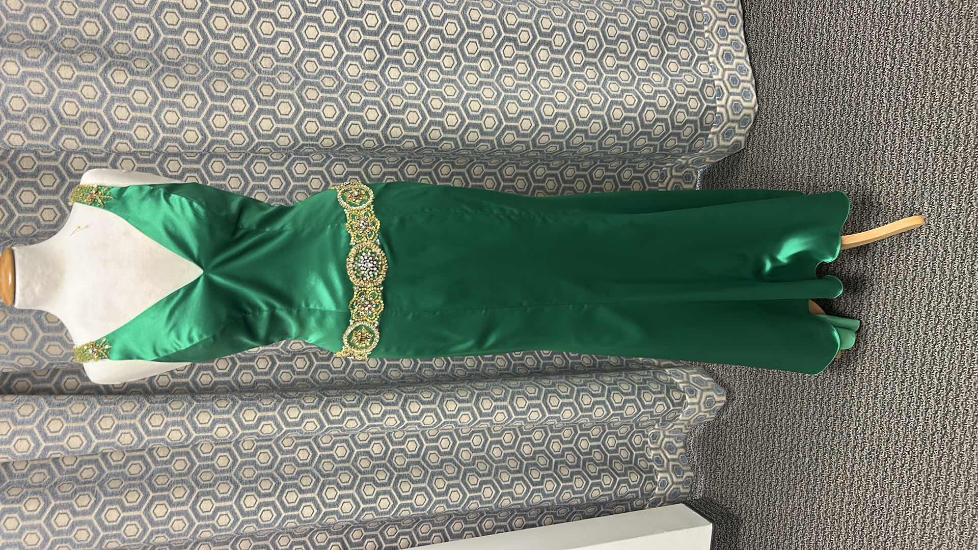 View 1 of EVENING GOWN, "GIRE" FLOOR LENGTH EMERALD GREEN SATIN GOWN, DEEP V NECKLINE, BEADED SHOULDER STRAPS, INTRICATE GOLD AND GREEN JEWELED WAIST SIZE 4