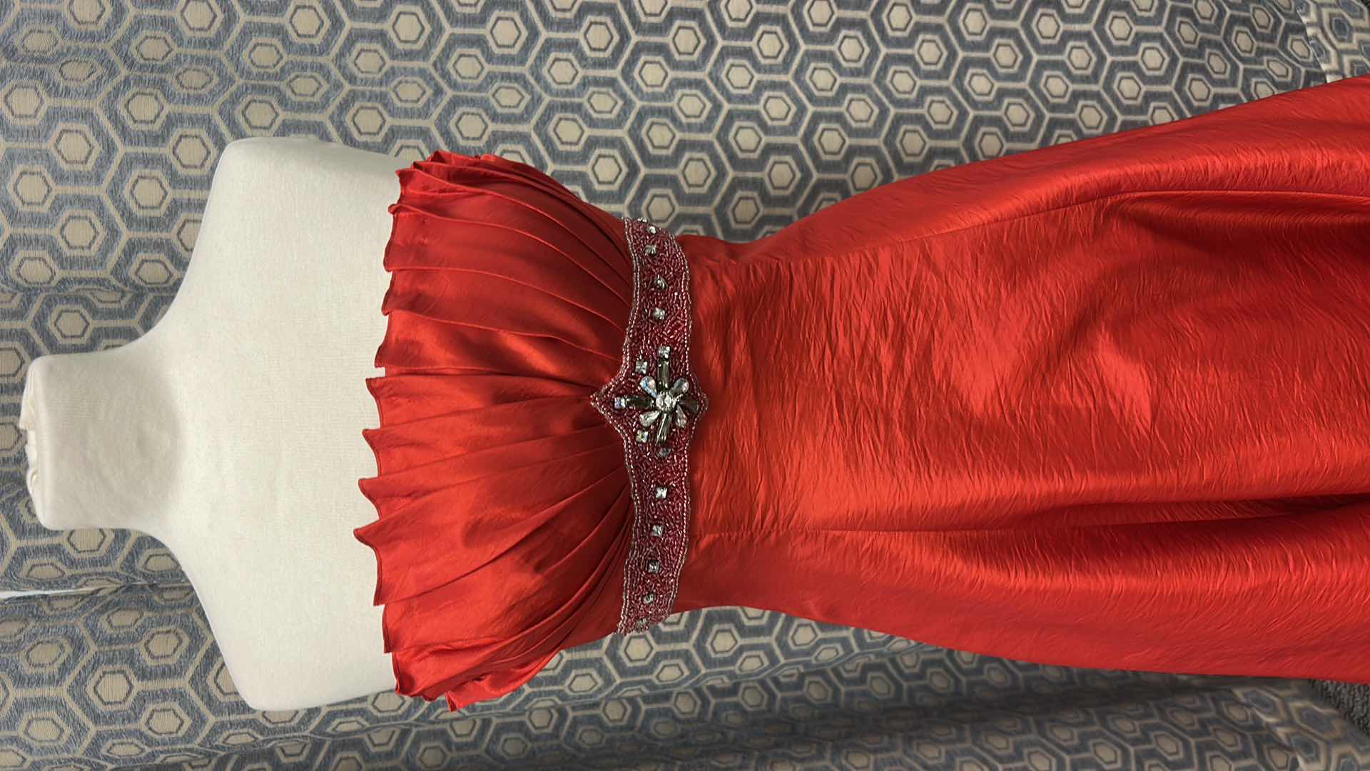 Photo 1 of EVENING GOWN, "MAY QUEEN COUTURE"  RED SATIN HIGH-LOW, RUFFLED STRAIGHT NECKLINE, BLACK EMBELLISHED WAISTBAND, LAYERED HEM WITH SHEER UNDERLAY SIZE 8
