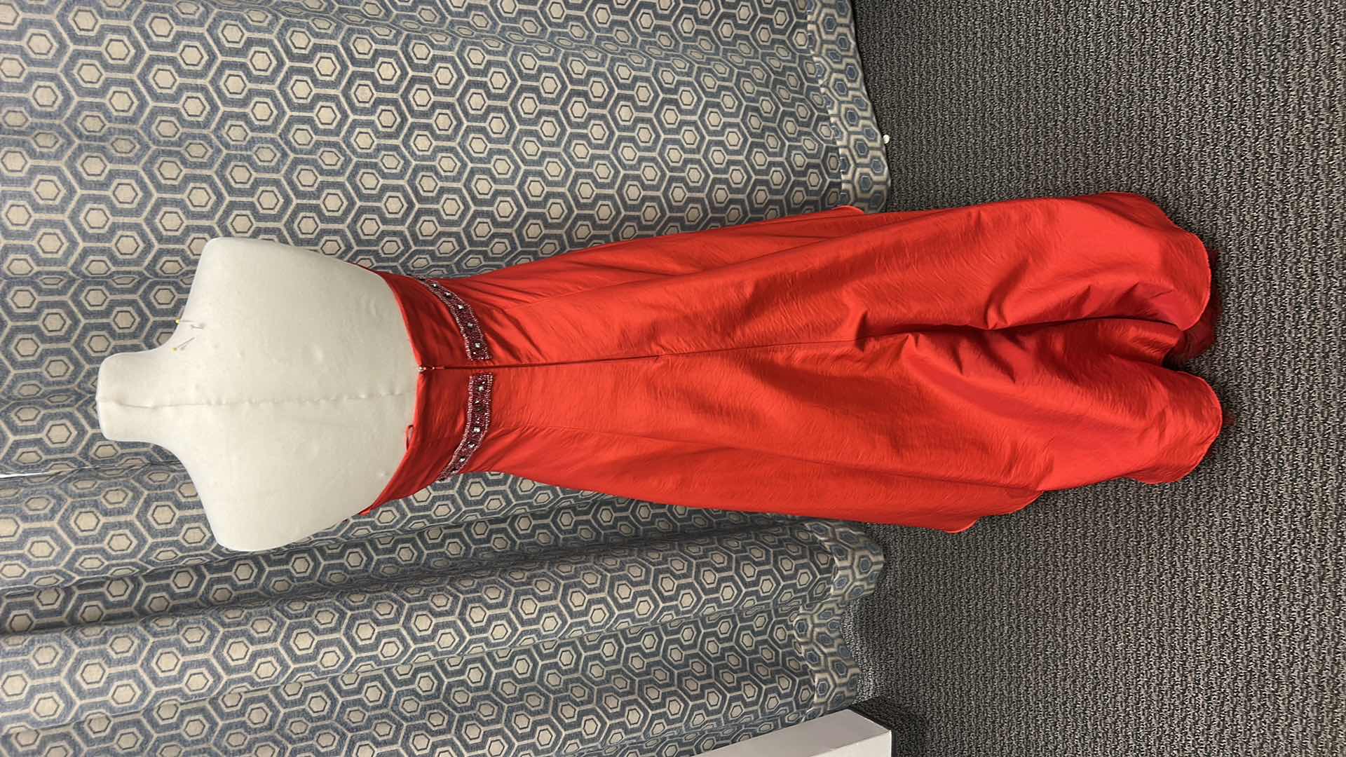 Photo 1 of EVENING GOWN, "MAY QUEEN COUTURE"  RED SATIN HIGH-LOW, RUFFLED STRAIGHT NECKLINE, BLACK EMBELLISHED WAISTBAND, LAYERED HEM WITH SHEER UNDERLAY SIZE 8