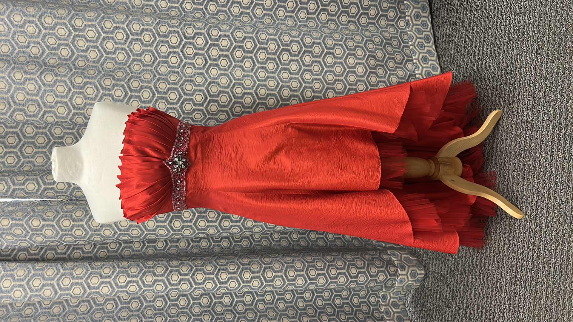 Photo 1 of EVENING GOWN, "MAY QUEEN COUTURE"  RED SATIN HIGH-LOW, RUFFLED STRAIGHT NECKLINE, BLACK EMBELLISHED WAISTBAND, LAYERED HEM WITH SHEER UNDERLAY SIZE 8