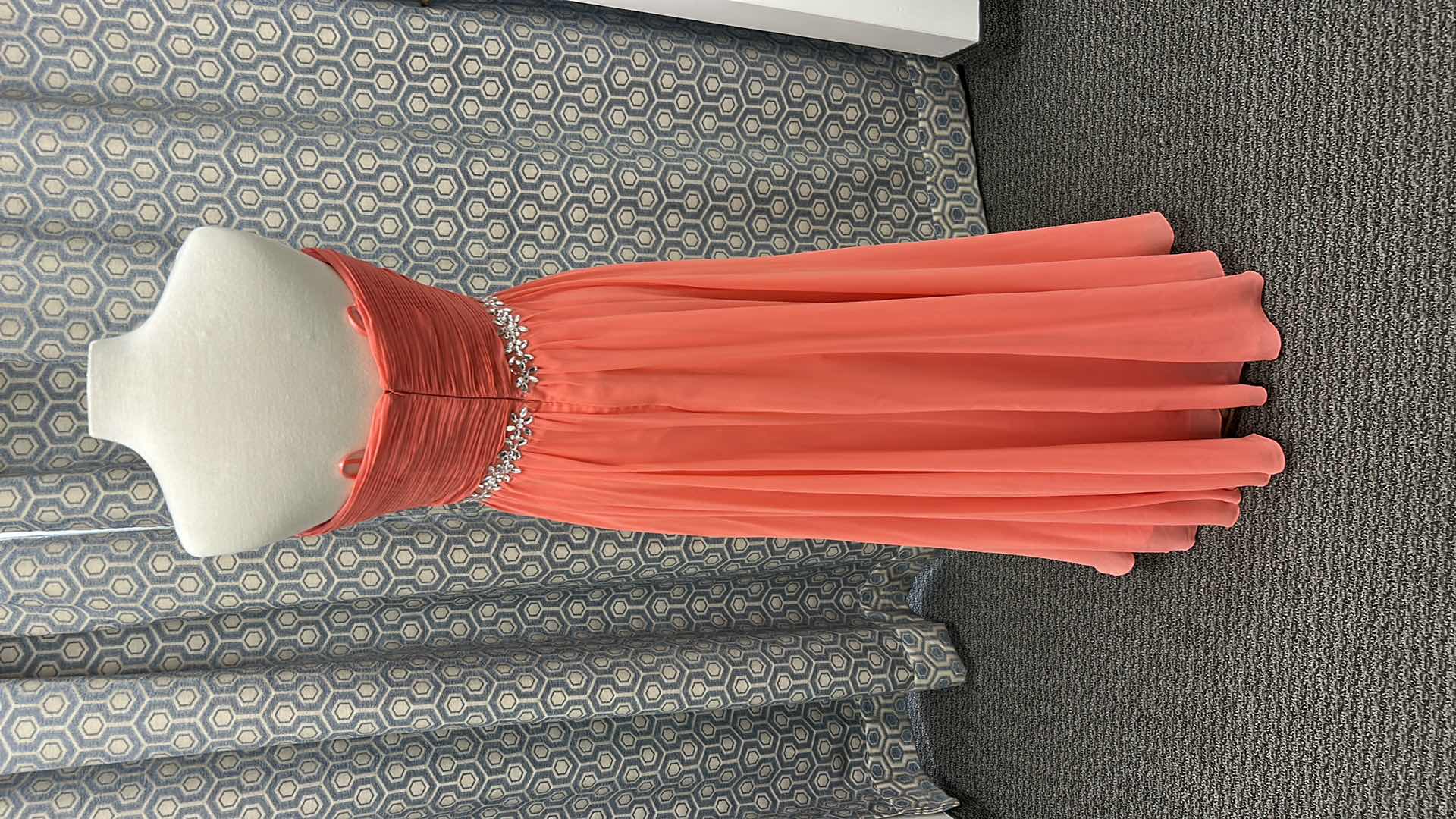 Photo 1 of EVENING GOWN, "MAY QUEEN COUTURE" STRAPLESS, TANGERINE TO CORAL OMBRE CHIFFON, RUCHED BODICE, JEWELED WAIST DETAIL  SIZE 12
