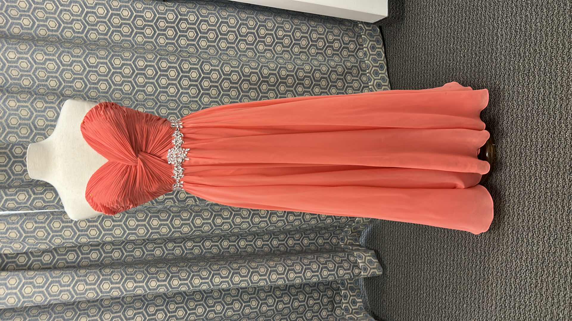 Photo 1 of EVENING GOWN, "MAY QUEEN COUTURE" STRAPLESS, TANGERINE TO CORAL OMBRE CHIFFON, RUCHED BODICE, JEWELED WAIST DETAIL  SIZE 12