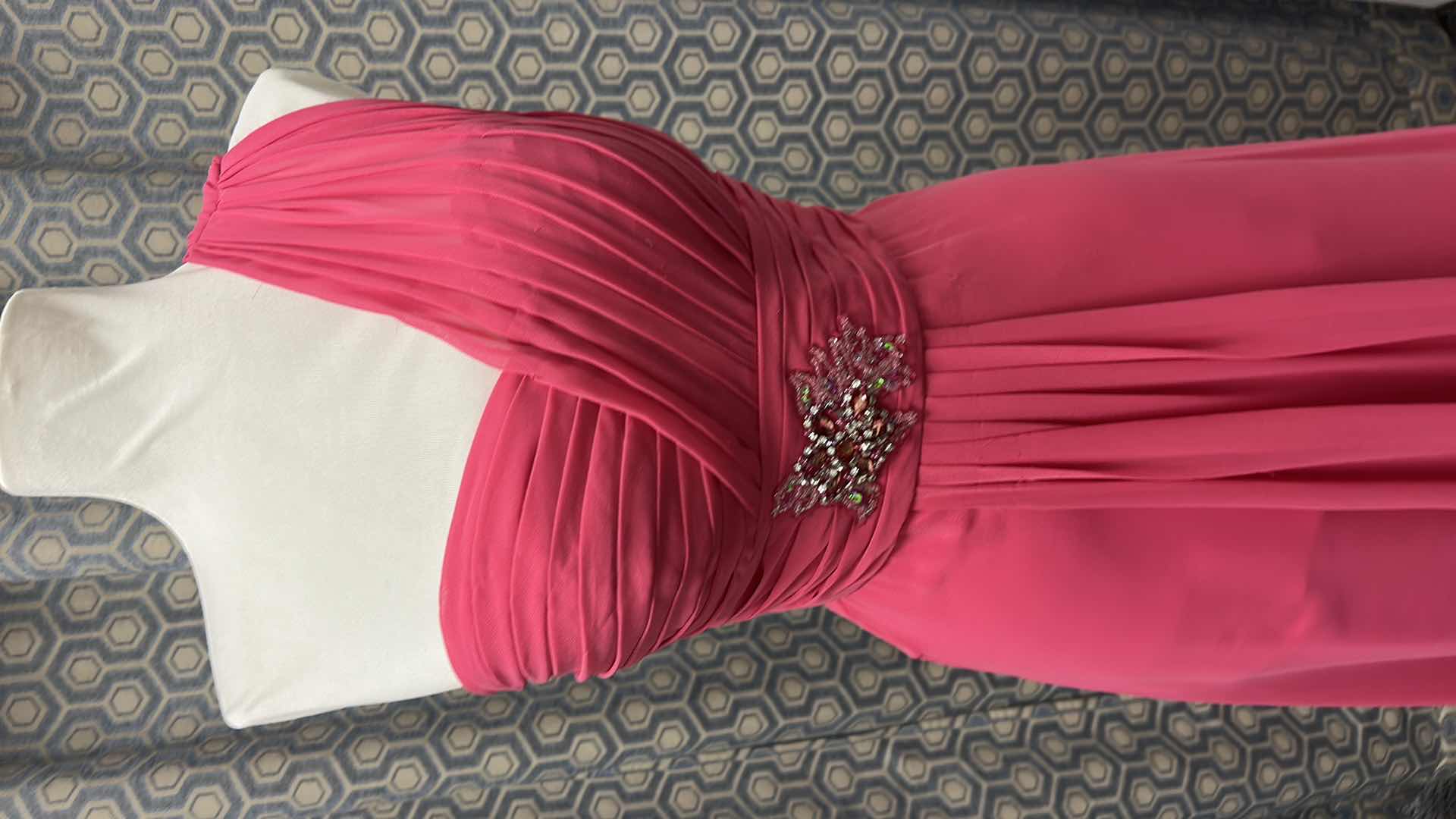 Photo 1 of EVENING GOWN, "MAY QUEEN COUTURE" PINK, ONE SHOULDER FEATURING A RUCHED BODICE, JEWELED WAIST DETAIL AND FLOWY LAYERED SKIRT SIZE  8