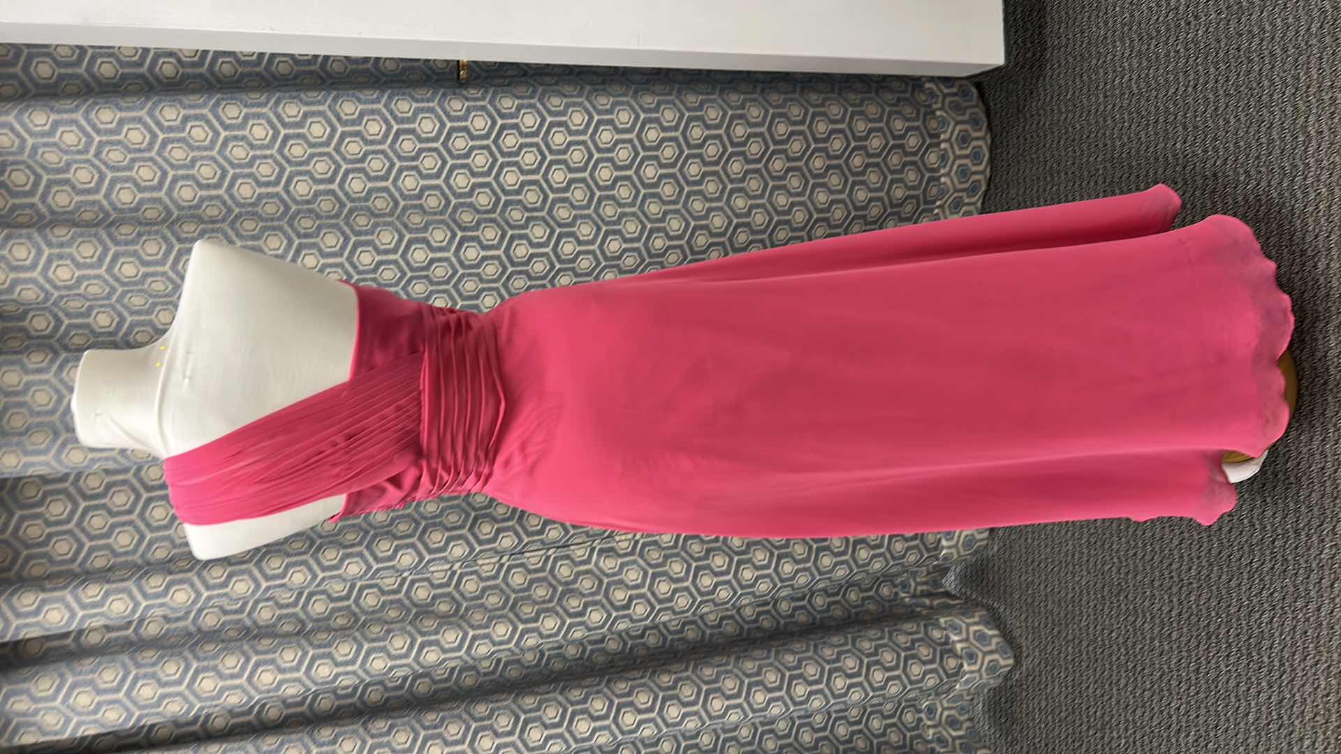 Photo 1 of EVENING GOWN, "MAY QUEEN COUTURE" PINK, ONE SHOULDER FEATURING A RUCHED BODICE, JEWELED WAIST DETAIL AND FLOWY LAYERED SKIRT SIZE 14