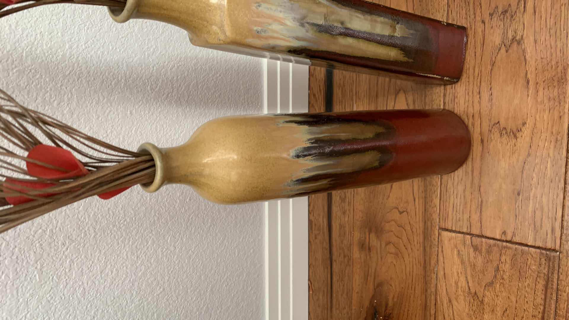 Photo 1 of 2-CERAMIC FLOOR VASES TOTAL HEIGHT WITH REEDS IS 50”