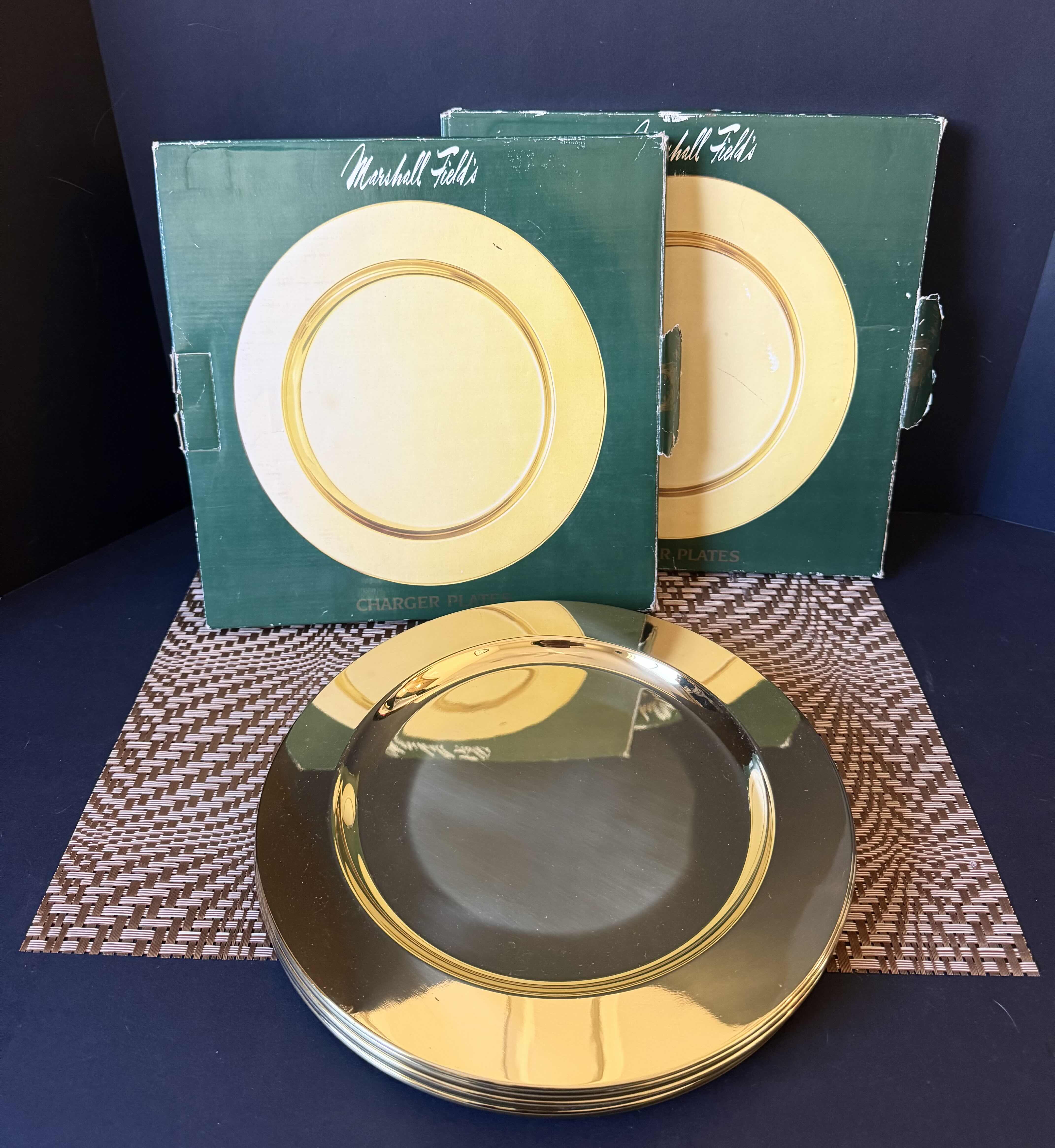 Photo 1 of 2-MARSHALL FIELDS 11.5”D SOLID BRASS CHARGER PLATE SET OF 4, AND MAT