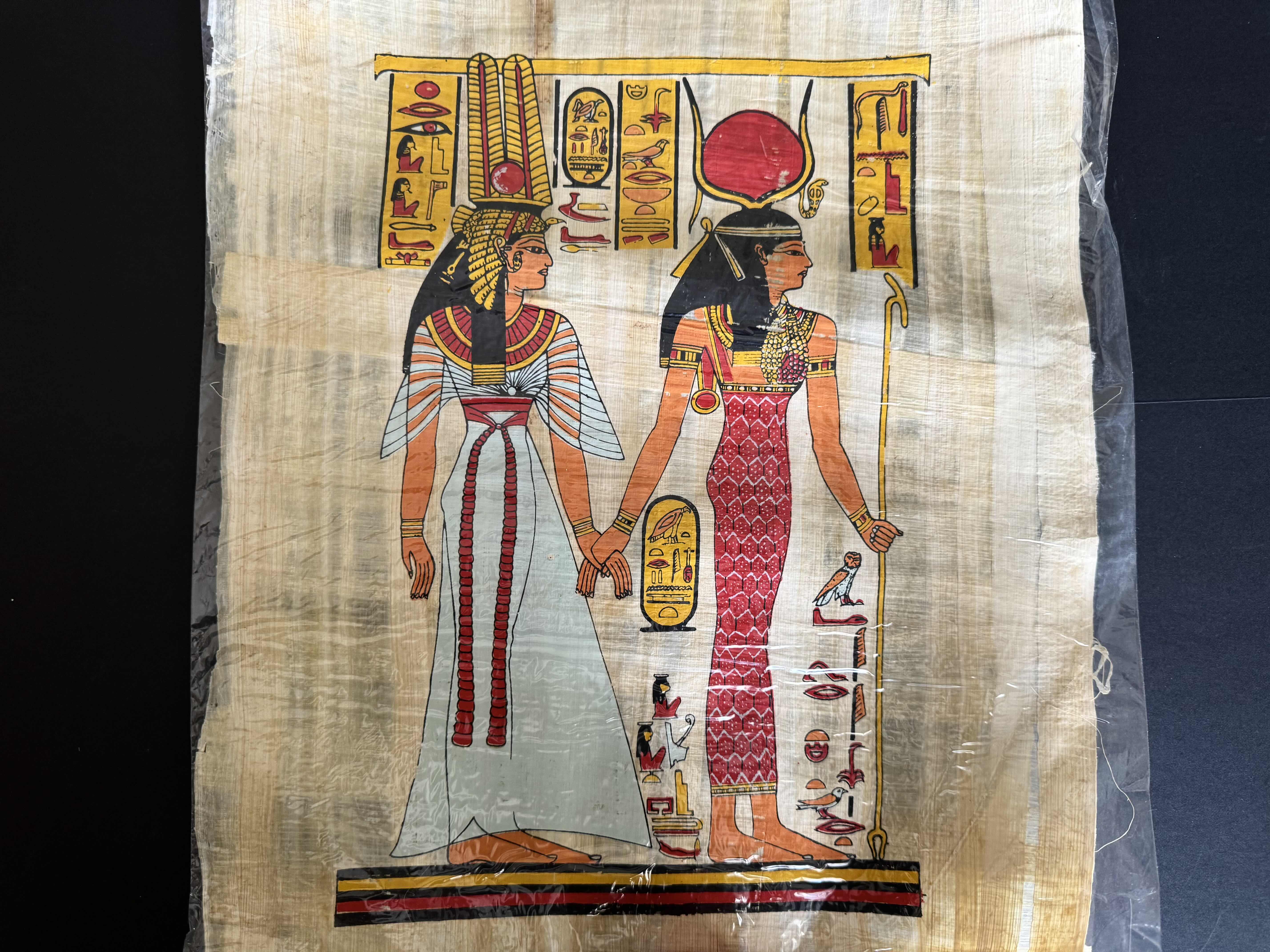 Photo 1 of EGYPTIAN PAPYRUS PAINTING DEPICTING HORUS AND THE QUEEN, QUEEN NEFERTARI BEING LED BY THE GODDESS ISIS PAPYRUS, ARTWORK.13”H X 17”H